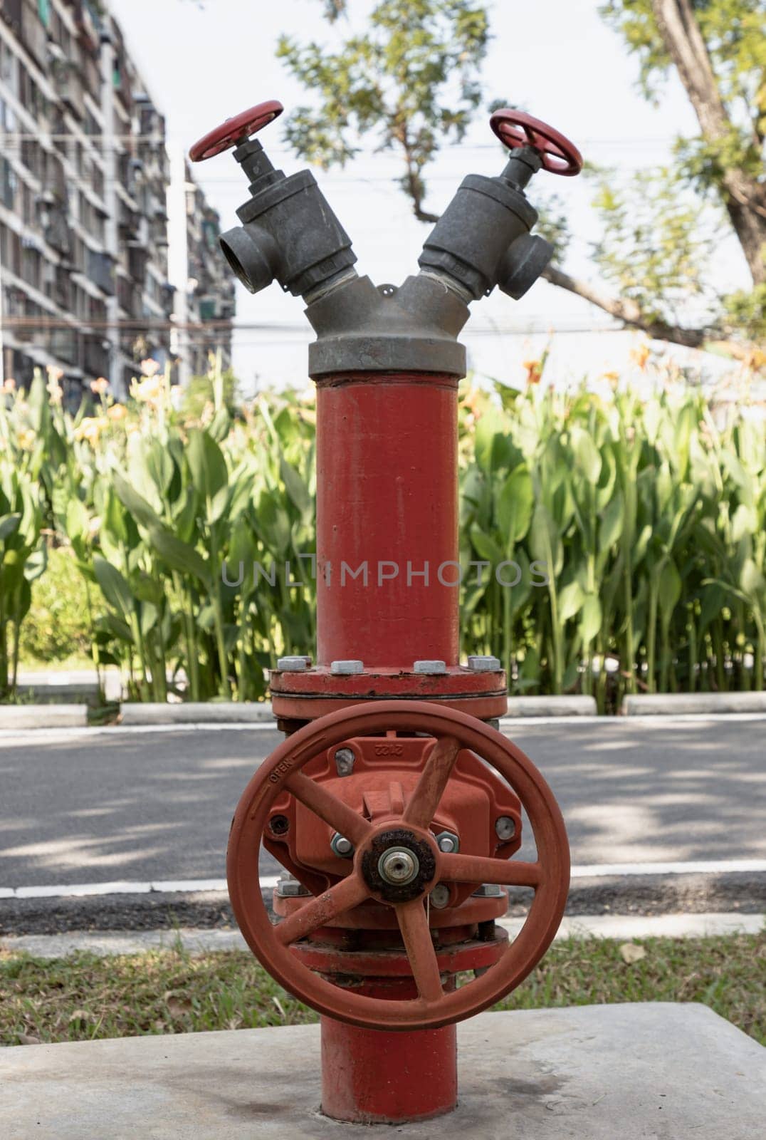 A old red fire hydrant (Fire plug or Water pump) standing in city park for fire fighting, Fire department connections, Fire safety concept, use it as your Wallpaper, Poster and Copy space, Selective focus.