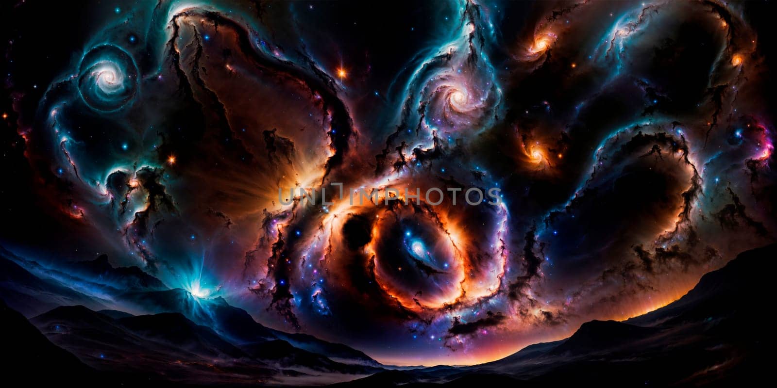 Space wallpaper and background. Universe with stars, constellations, galaxies, nebulae and gas and dust clouds
