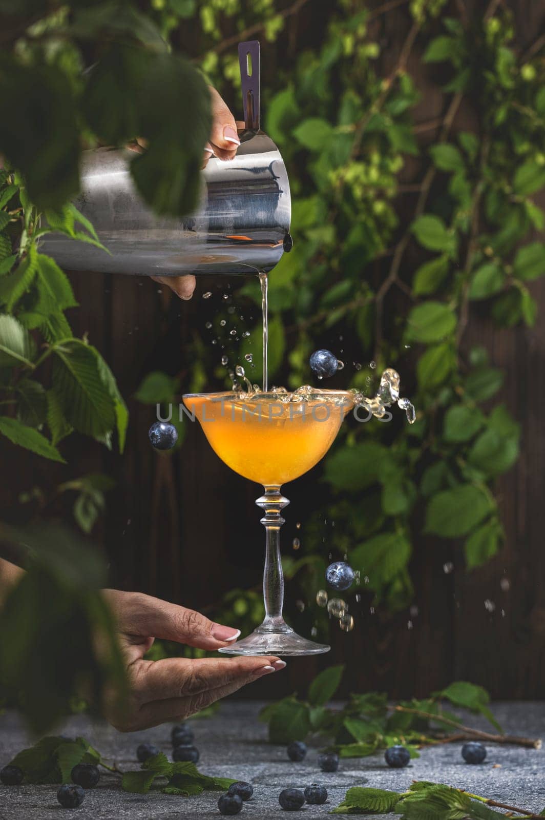 Bartender pours a vibrant cocktail into a stemmed glass, creating a splash with fresh blueberries amidst a lush, leafy backdrop