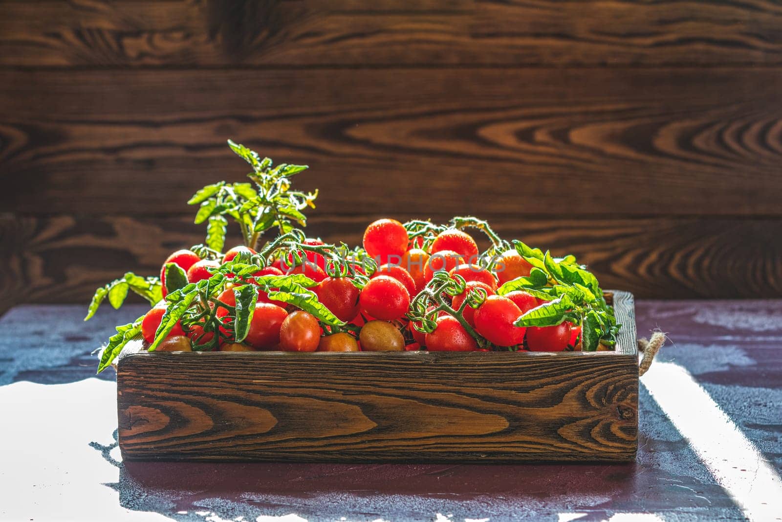 Ripe cherry tomatoes on the vine, spilling from a wooden crate, creating a vibrant display of freshness