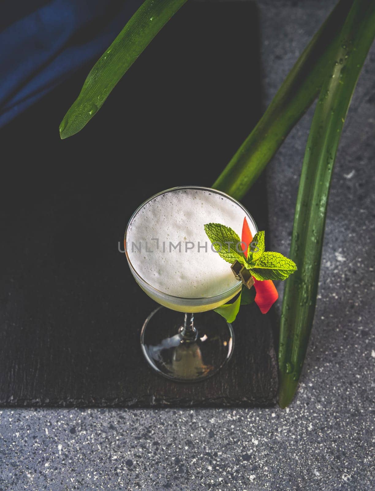 Pisco sour cocktail is being served on a black slate, decorated with fresh mint and exotic flower