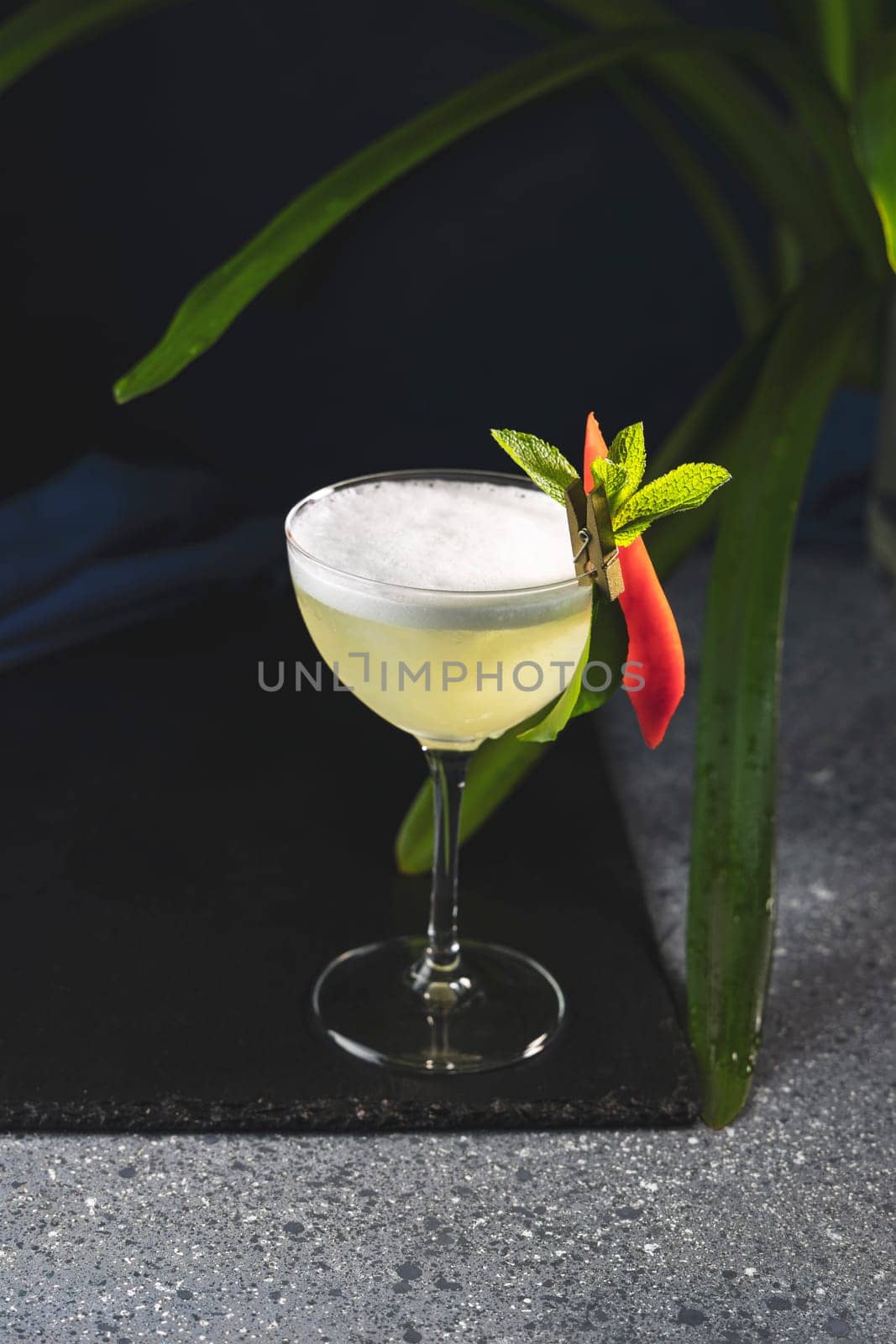 Tropical cocktail decorated with mint and red pepper slice stands on a black slate, with a plant in the background