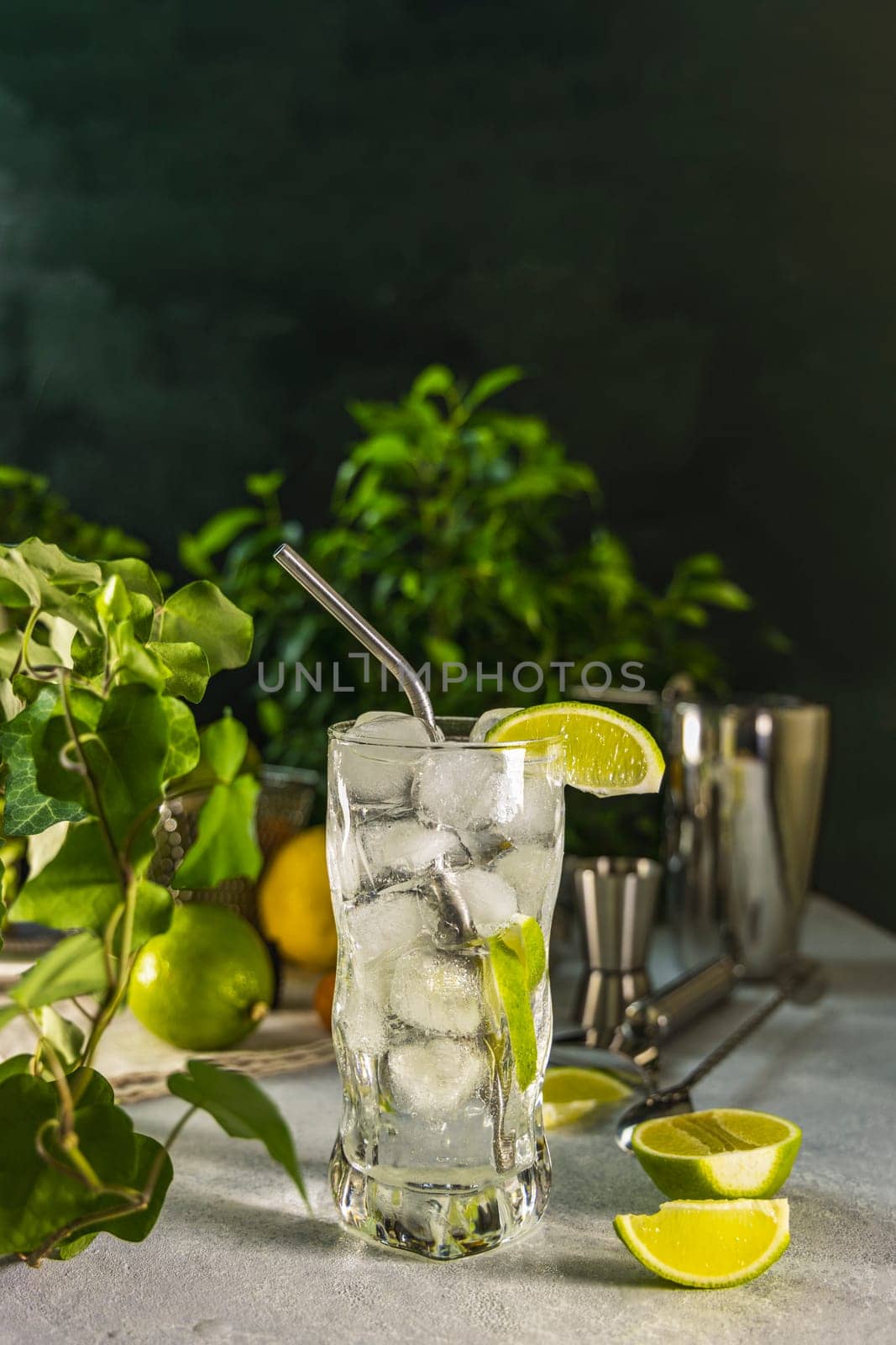 Gin and tonic cocktail being served in highball glass with ice, lime wedge, and metal straw, perfect for a hot summer day