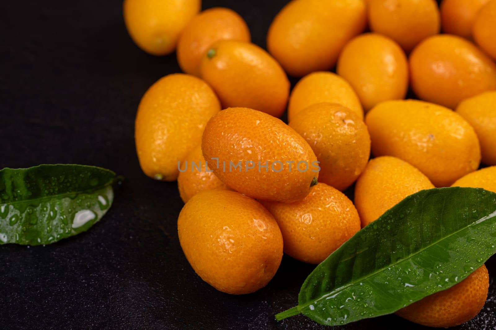 Vibrant kumquats, adorned with water droplets, create a captivating display alongside glossy green leaves on a dark background