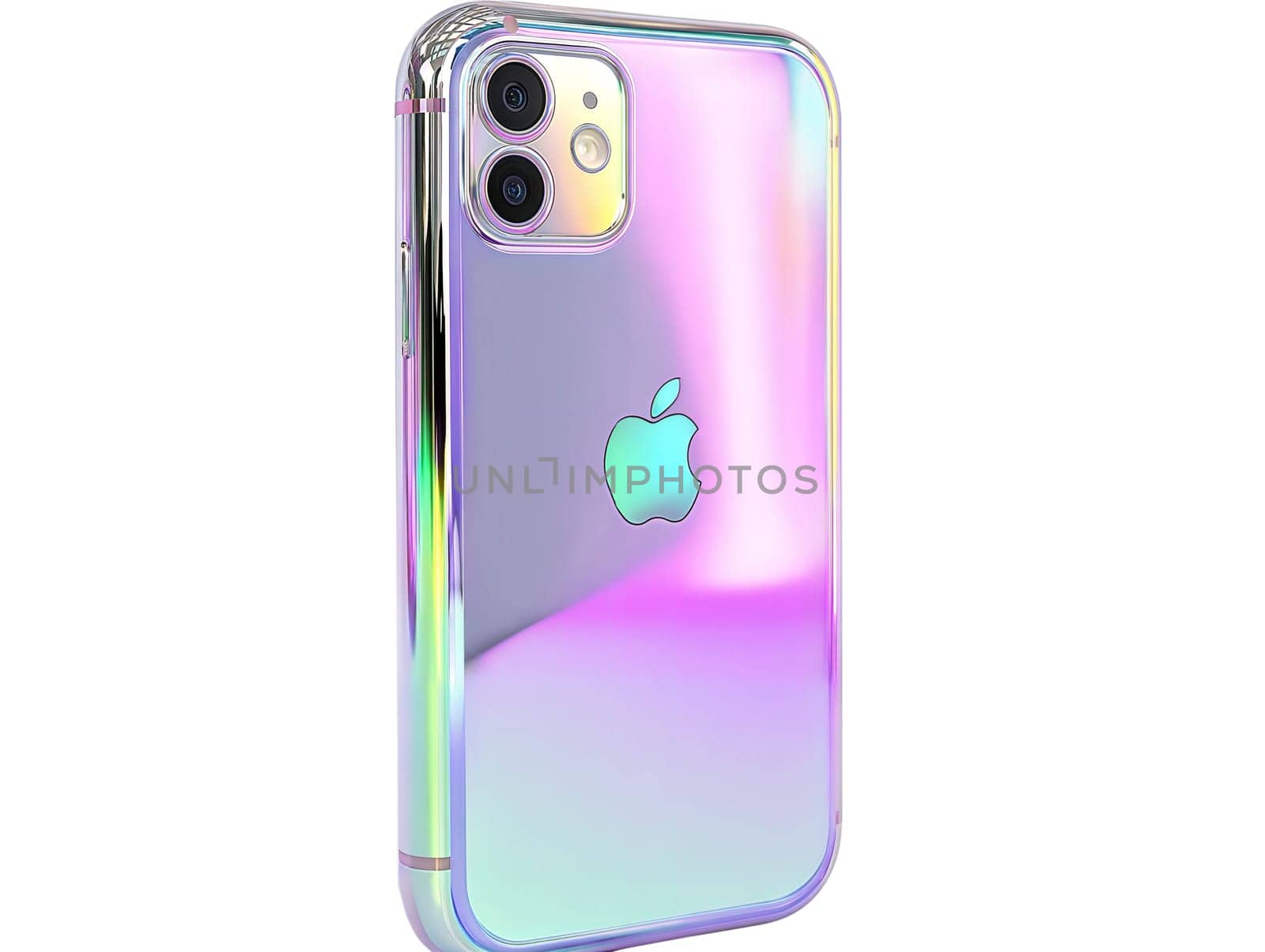 Modern holographic smartphone with iridescent glossy design, reflecting futuristic aesthetics and innovative technology, isolated on white background