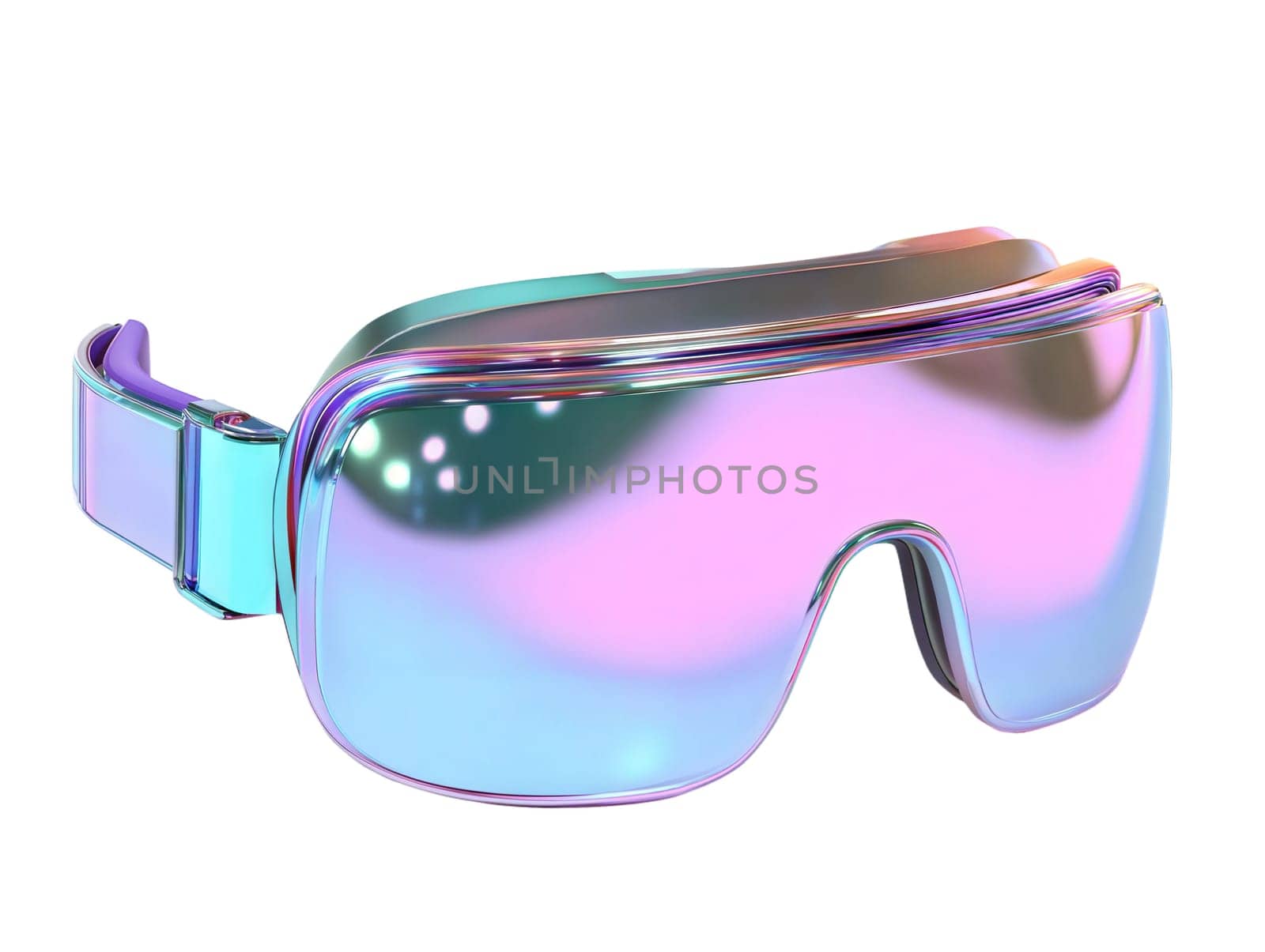 Futuristic holographic ski goggles isolated on white background. Stylish iridescent eyewear with a glossy, reflective finish, designed for winter sports and high-tech fashion.