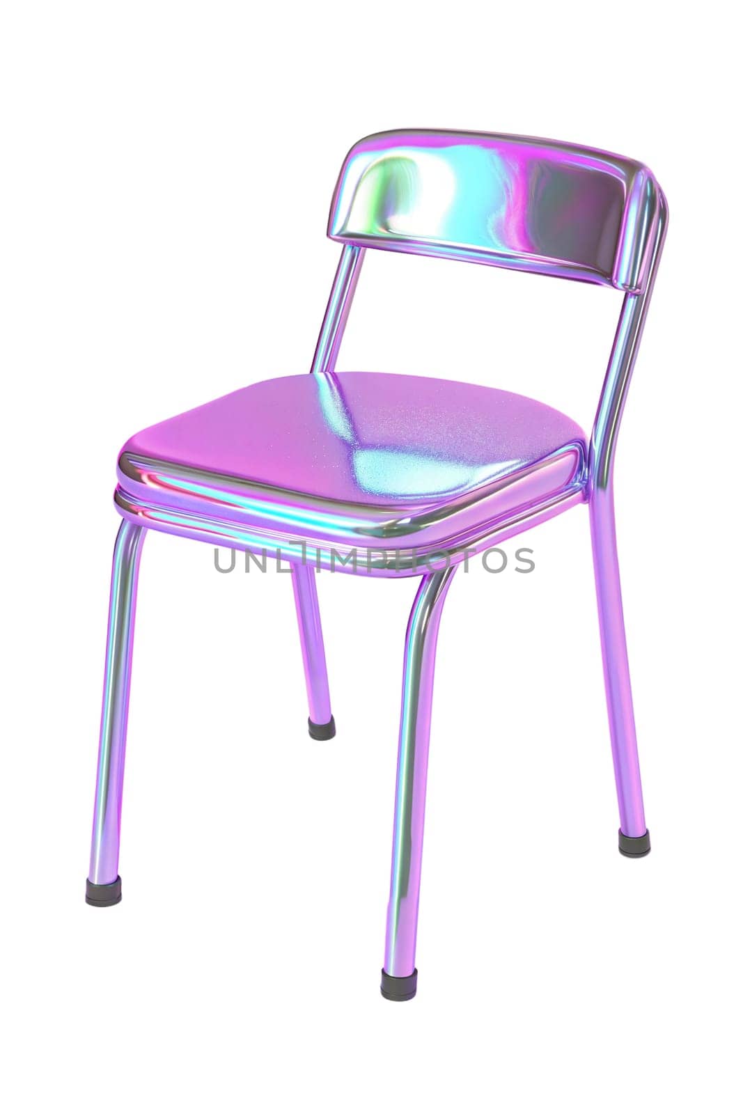 Stylish holographic metal chair with iridescent surface reflecting pastel colors, modern futuristic furniture, isolated on white background.
