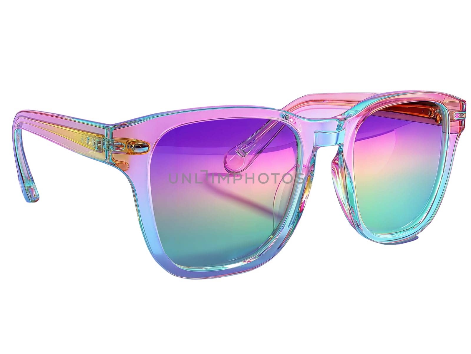 Futuristic iridescent sunglasses with gradient lenses isolated on white background. Stylish modern eyewear with transparent frame, high-tech fashion accessory
