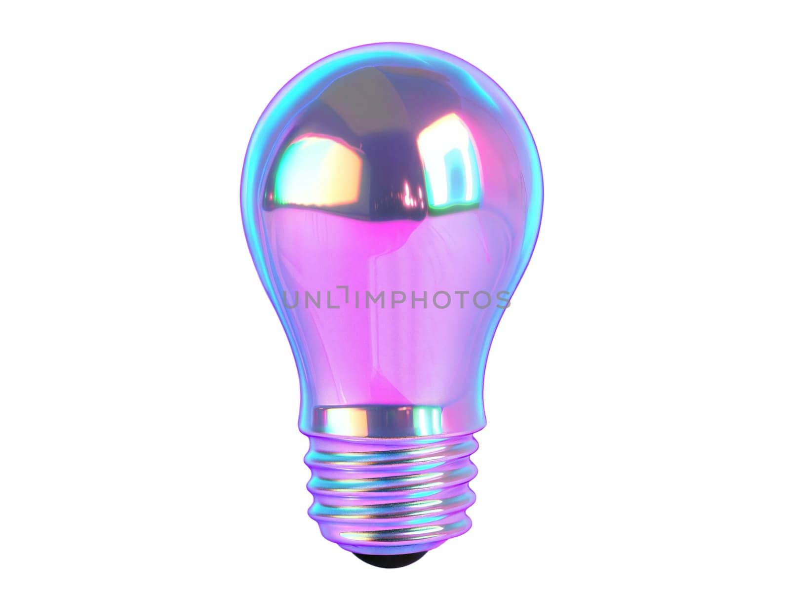 Futuristic holographic light bulb with iridescent reflective surface, symbol of innovation, creativity, and bright ideas, isolated on white background.