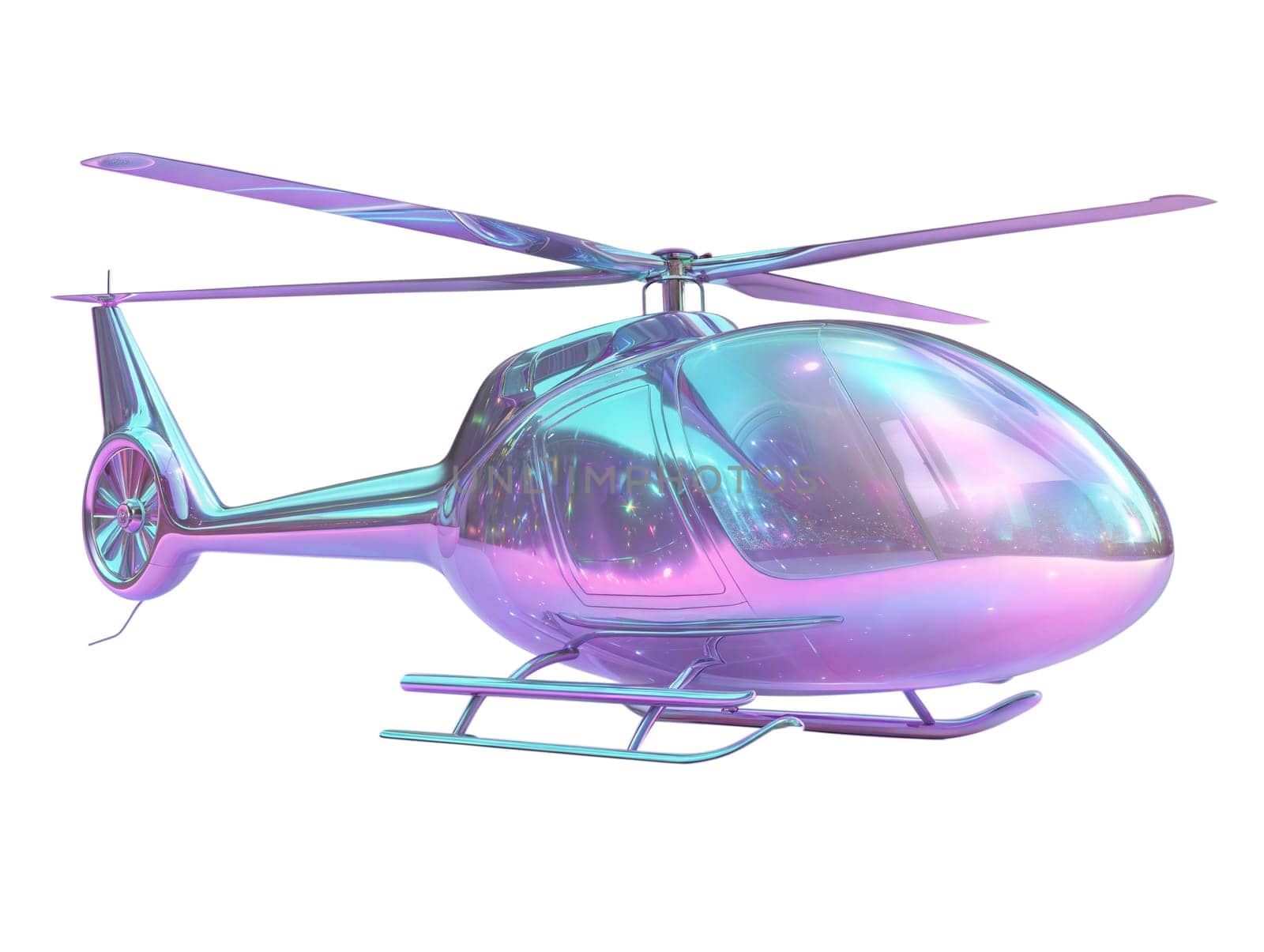Futuristic glossy helicopter with iridescent surface isolated on white background. High-tech modern aircraft, luxury transportation, sleek design, cyber aesthetic