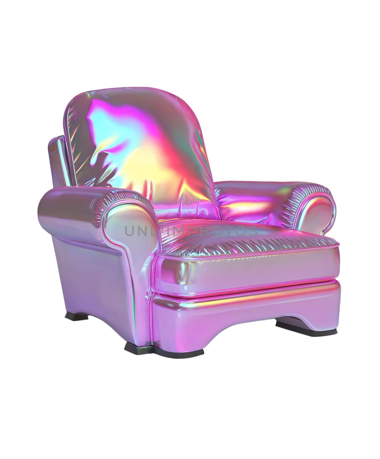 Luxury holographic armchair with iridescent reflective surface, futuristic and stylish furniture piece, isolated on white background.