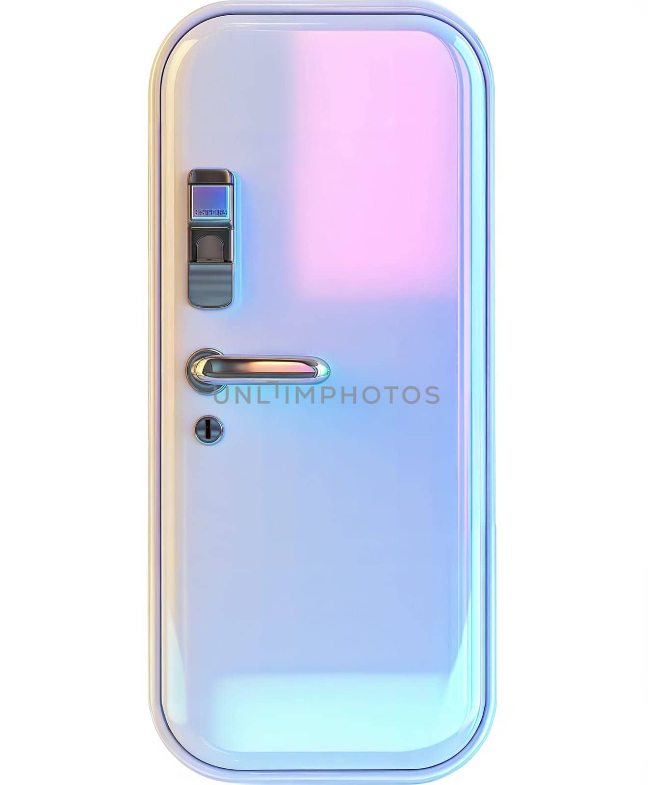 High-tech iridescent security door with a modern smart lock and handle, isolated on white background. Futuristic and cyberpunk home technology design