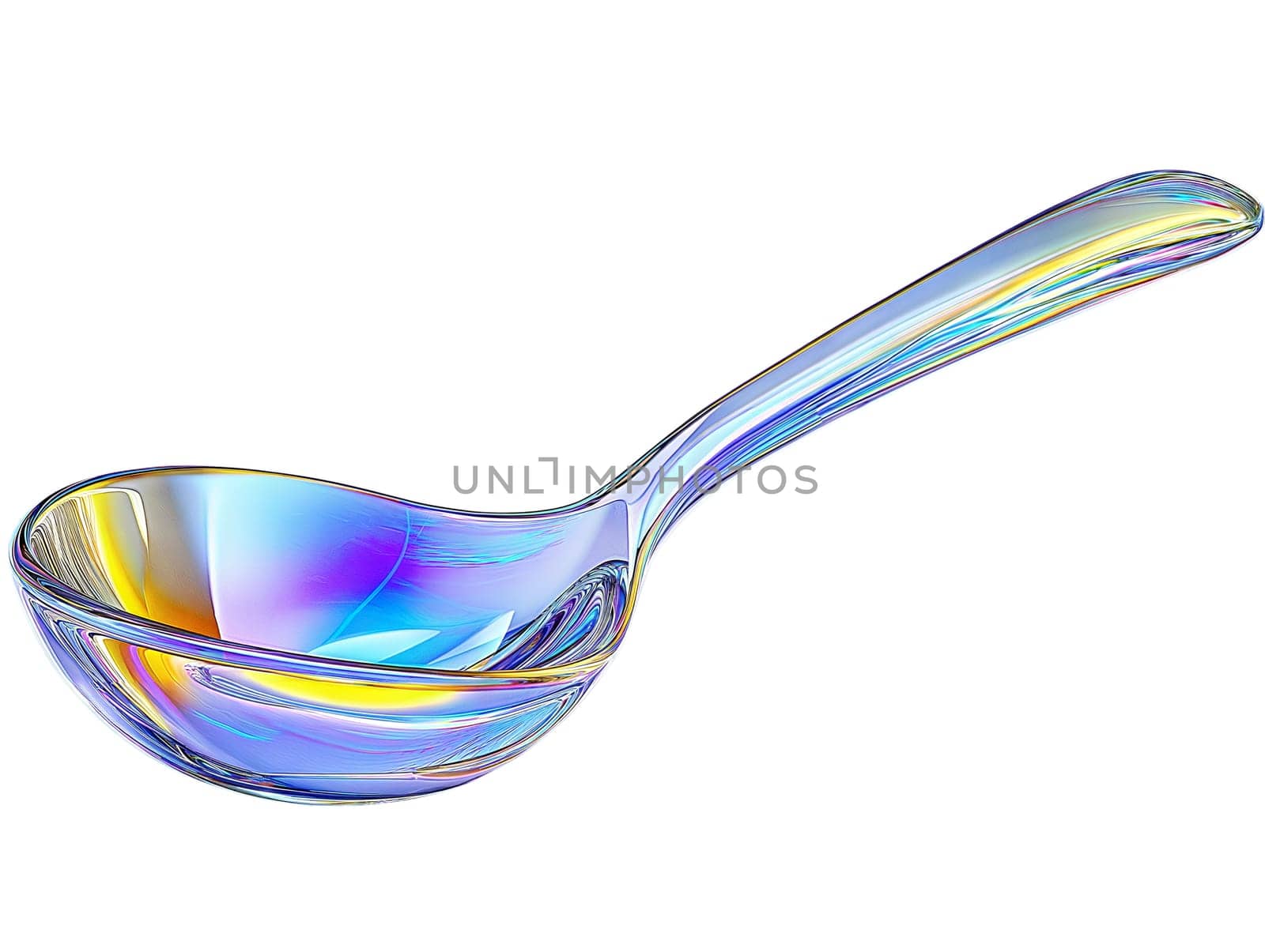 Futuristic holographic spoon isolated on white background. Glossy iridescent kitchen utensil with a sleek and modern reflective design for contemporary dining aesthetics.