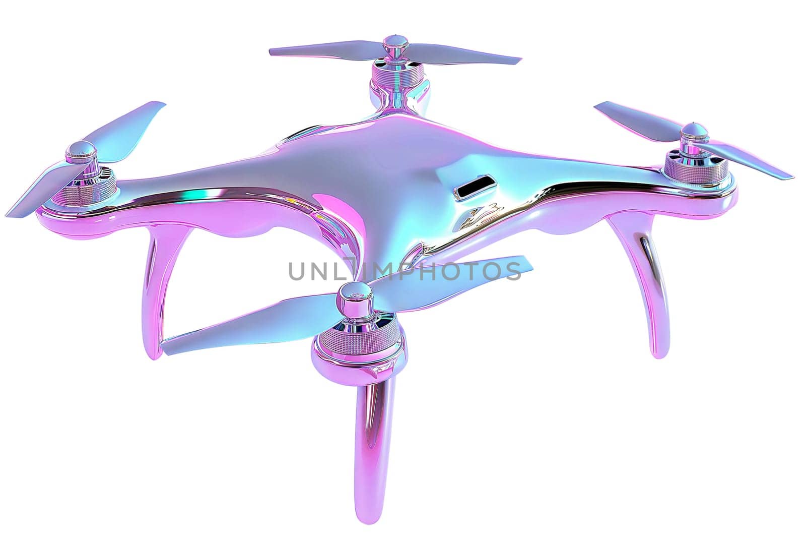 Futuristic holographic drone with a sleek iridescent body and transparent propellers, featuring high-tech cameras and a modern aesthetic, isolated on white background