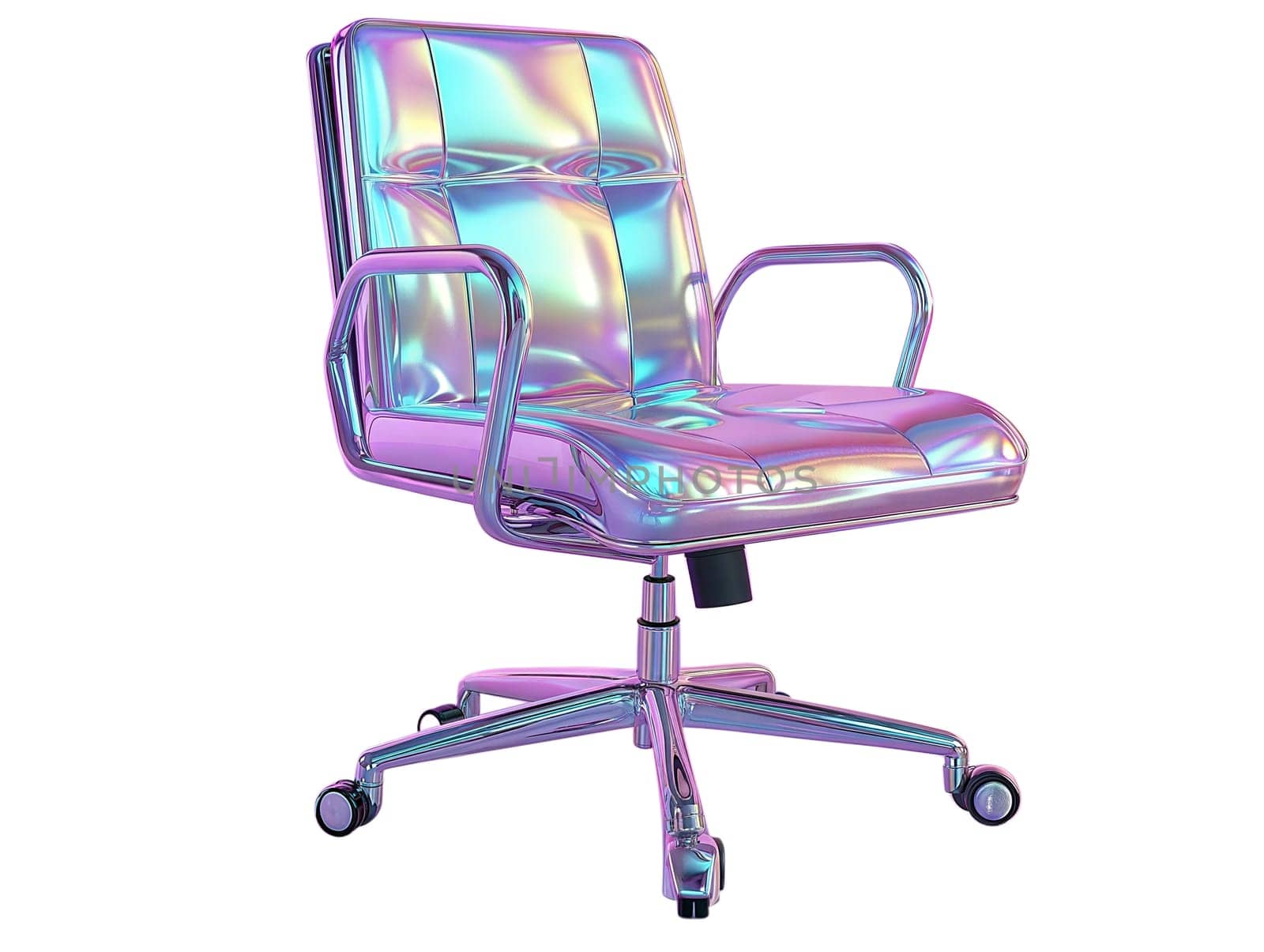 Modern holographic office chair with iridescent reflective surface, stylish ergonomic design for workspace and home office, isolated on white background.
