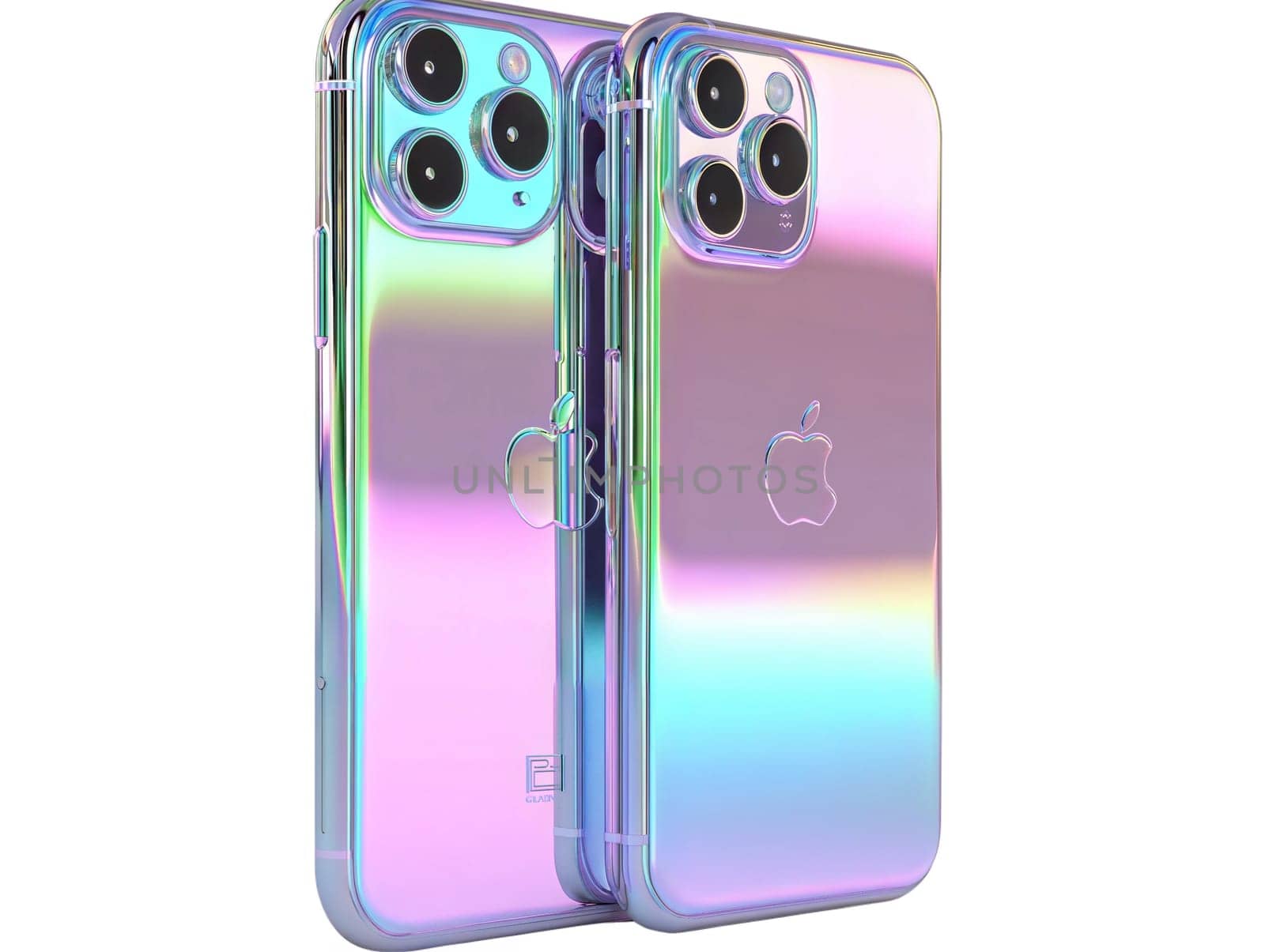 Futuristic holographic smartphone isolated on white background. Iridescent 3D mobile phone, luxury gadget, high-tech design, glossy finish, cyberpunk aesthetic, modern communication device