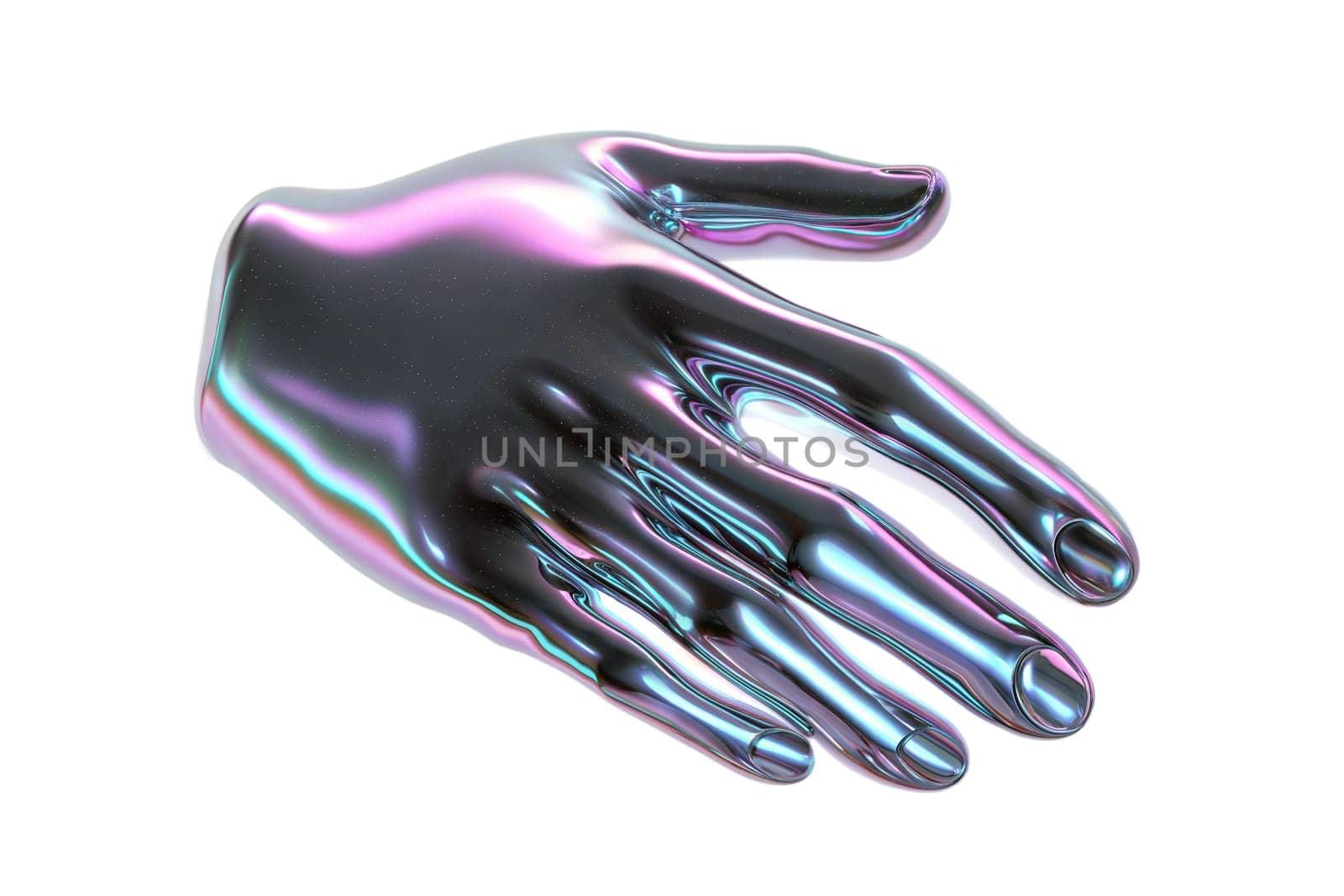 Futuristic robotic hand with iridescent metallic surface reaching out, isolated on white background. High-tech, AI, cybernetic innovation, future technology, sci-fi concept
