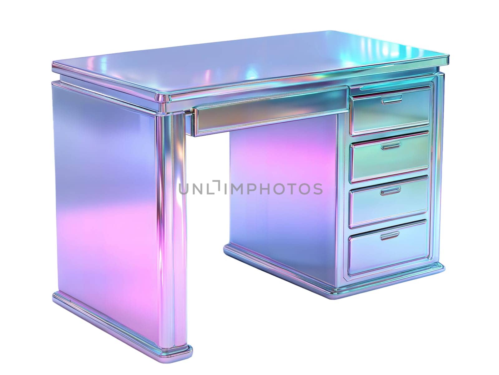 Futuristic holographic office desk with drawers, isolated on white background. Sleek modern workspace furniture with a reflective iridescent surface.