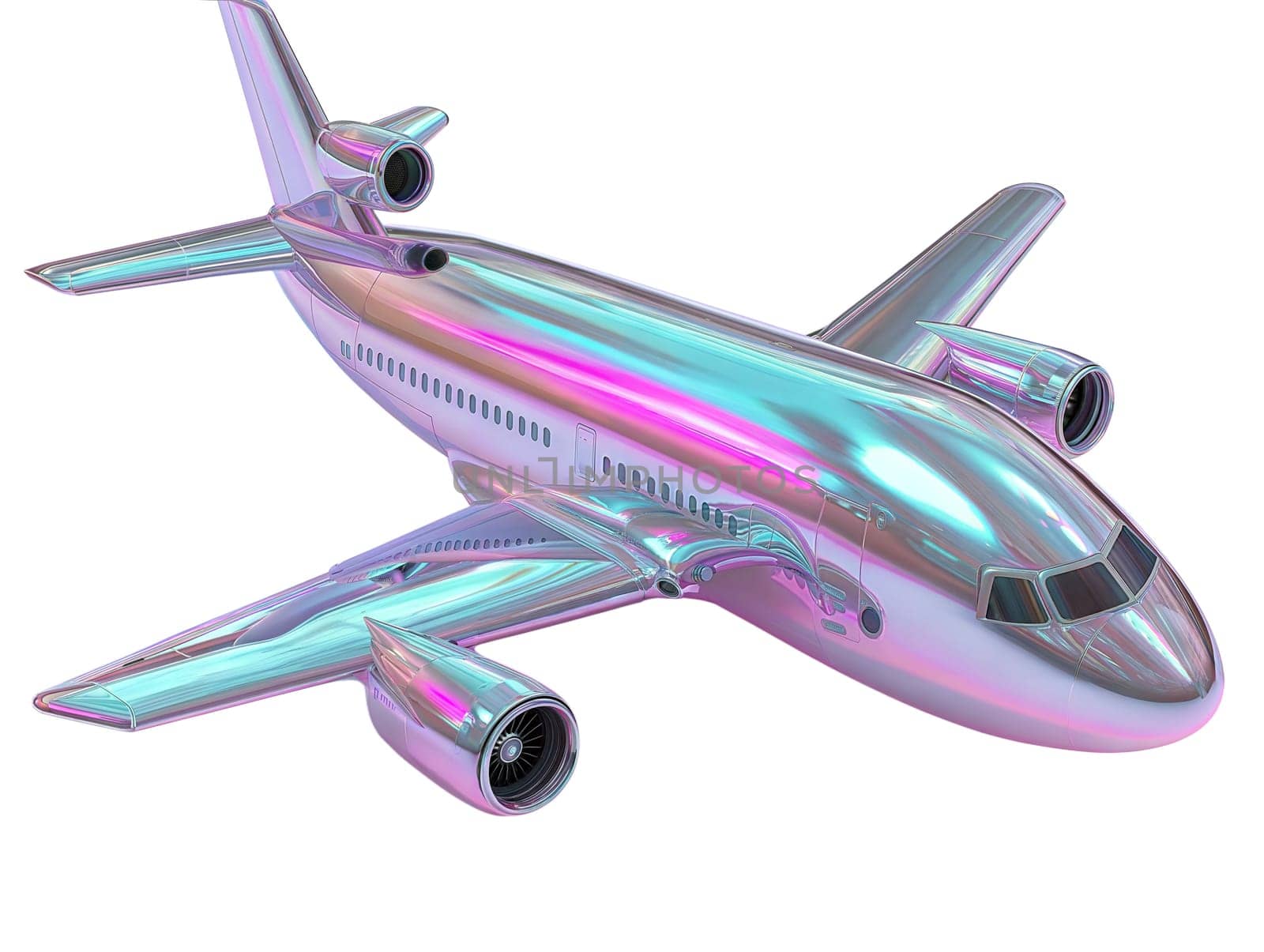Futuristic holographic airplane isolated on white background. Modern aviation, iridescent aircraft, cyberpunk airliner, high-tech travel, glossy futuristic jet, sci-fi inspired plane, luxury air travel