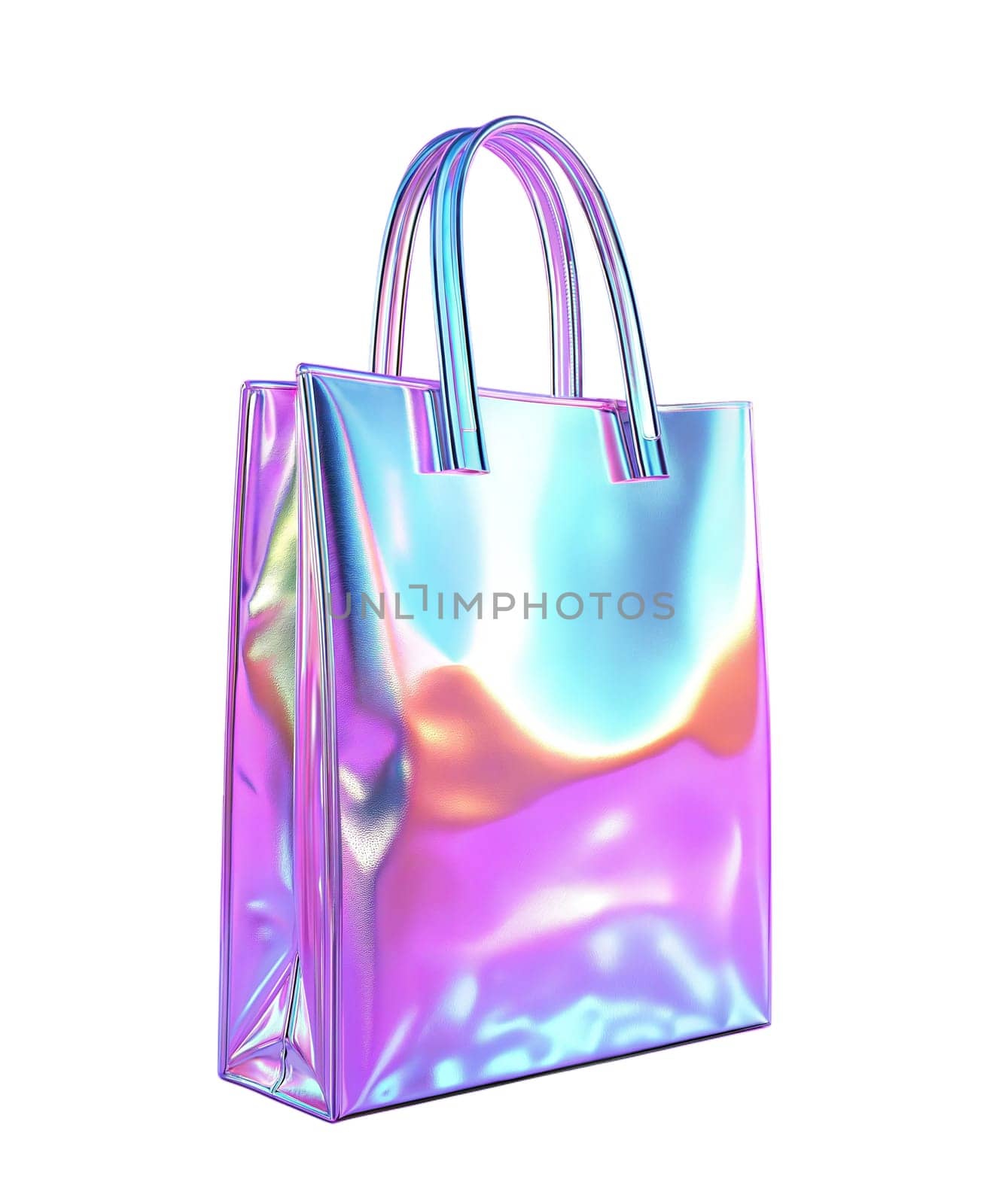 Futuristic holographic shopping bag with glossy iridescent surface, modern fashion accessory, retail and luxury packaging, isolated on white background