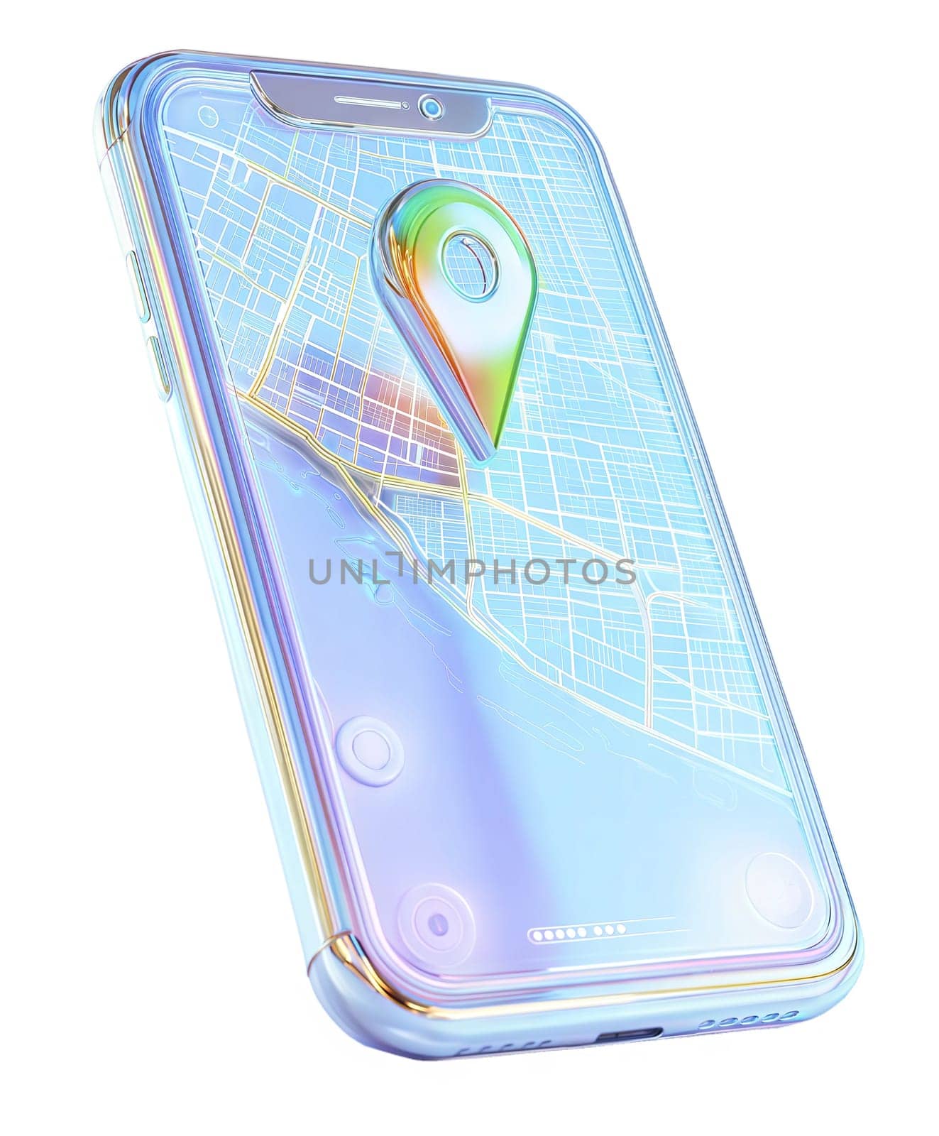 Futuristic holographic smartphone displaying a digital map with a location pin, modern GPS and navigation concept, isolated on white background.