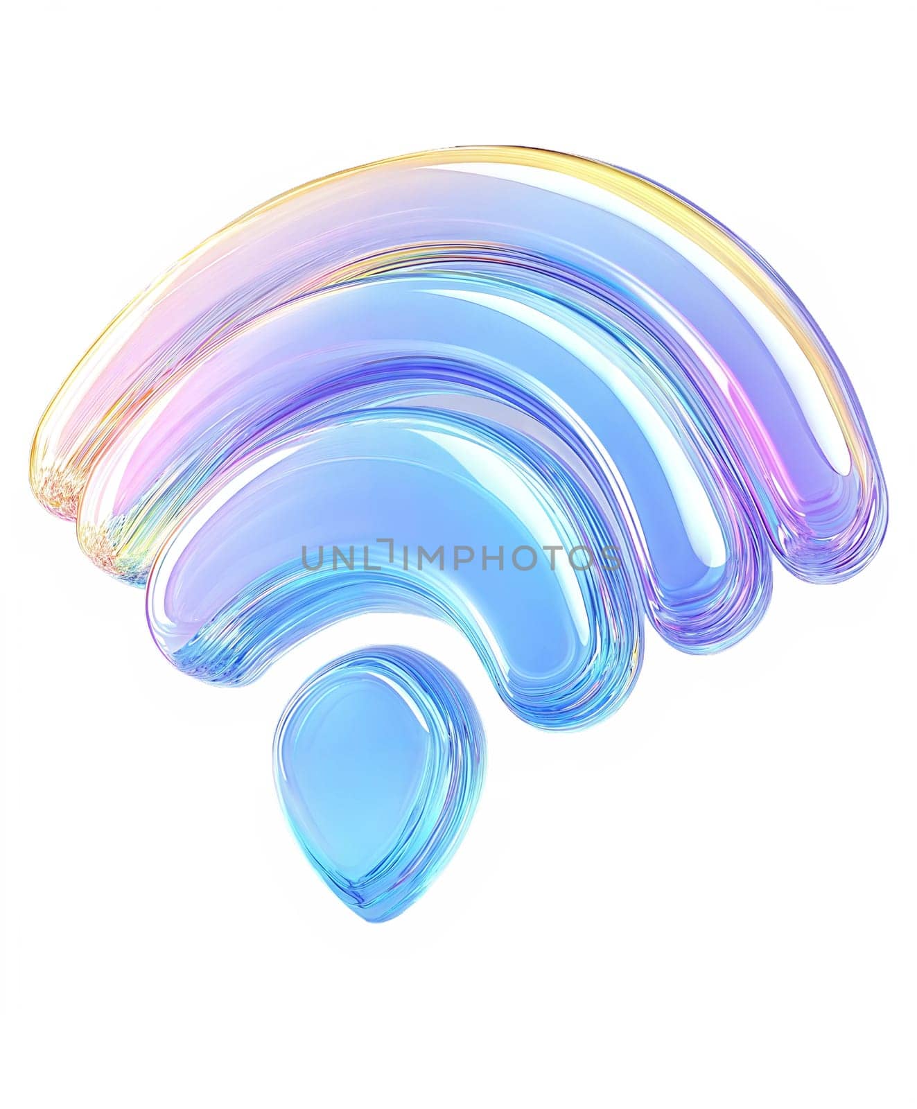 Futuristic holographic WiFi symbol isolated on white background. Iridescent wireless network icon, high-tech internet signal, glossy 3d cyber symbol