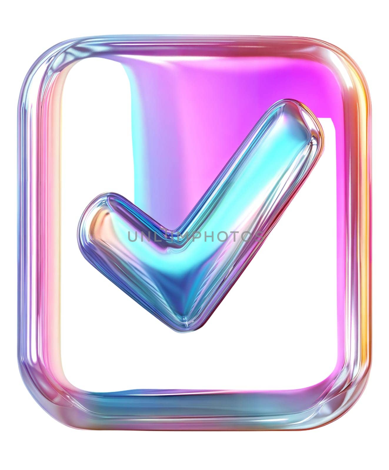 Futuristic glossy checkmark icon with iridescent colors, isolated on white background. Shiny verification symbol, success, approval, digital UI, technology, cyberpunk aesthetic