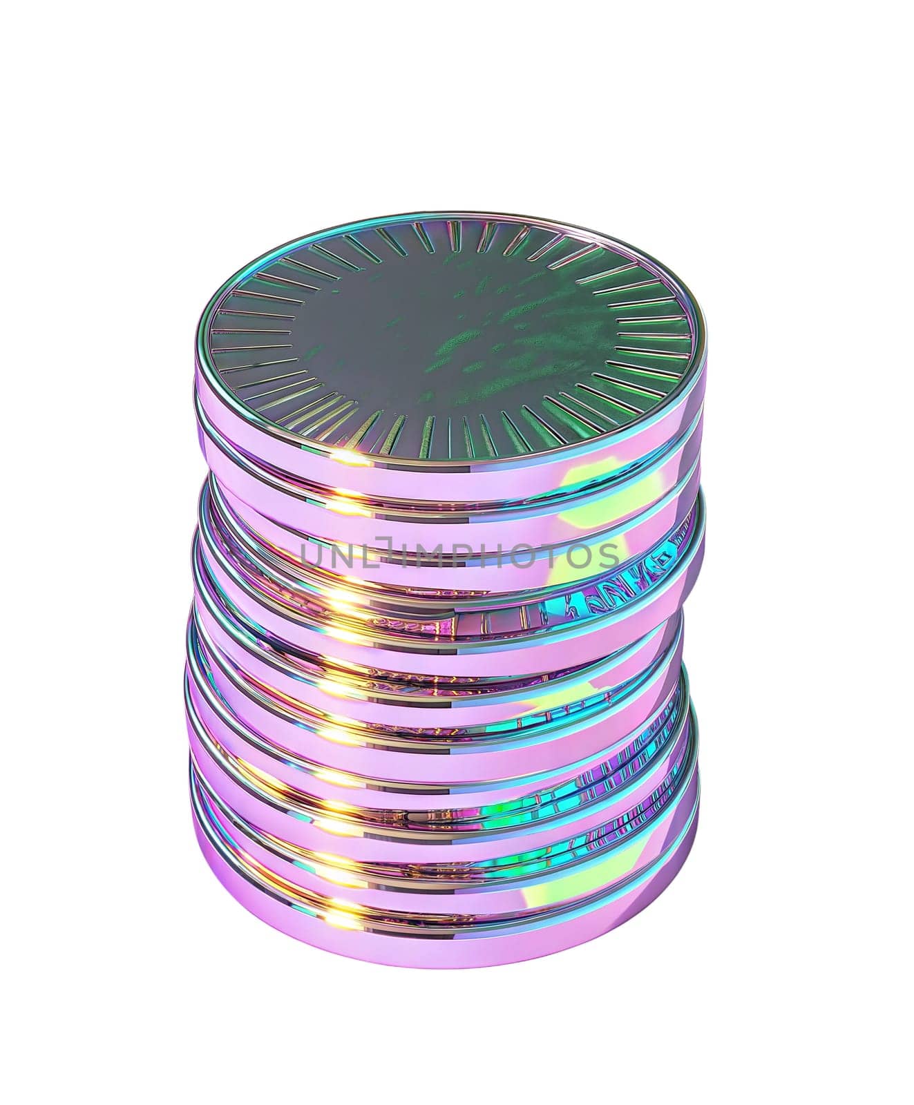 Futuristic holographic coins with iridescent reflective surface, modern digital currency or luxury concept, isolated on white background.