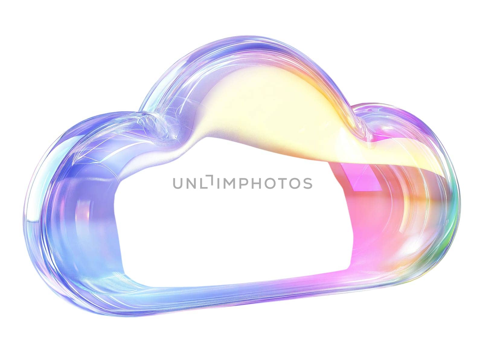 Futuristic iridescent cloud-shaped frame with a glossy, holographic finish, isolated on white background. High-tech digital concept.