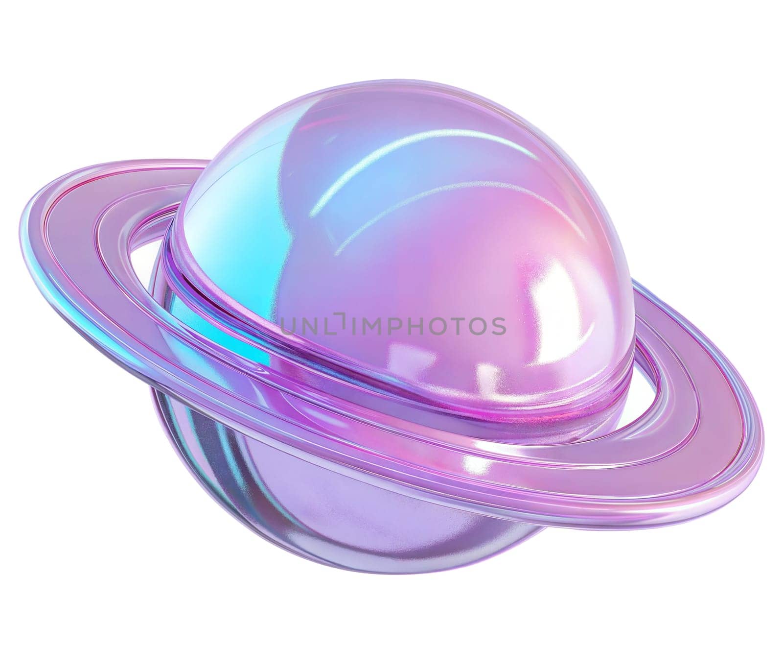 Futuristic holographic planet with glowing rings, glossy iridescent surface, and a sci-fi aesthetic, symbolizing space, cosmos, and innovation, isolated on white background