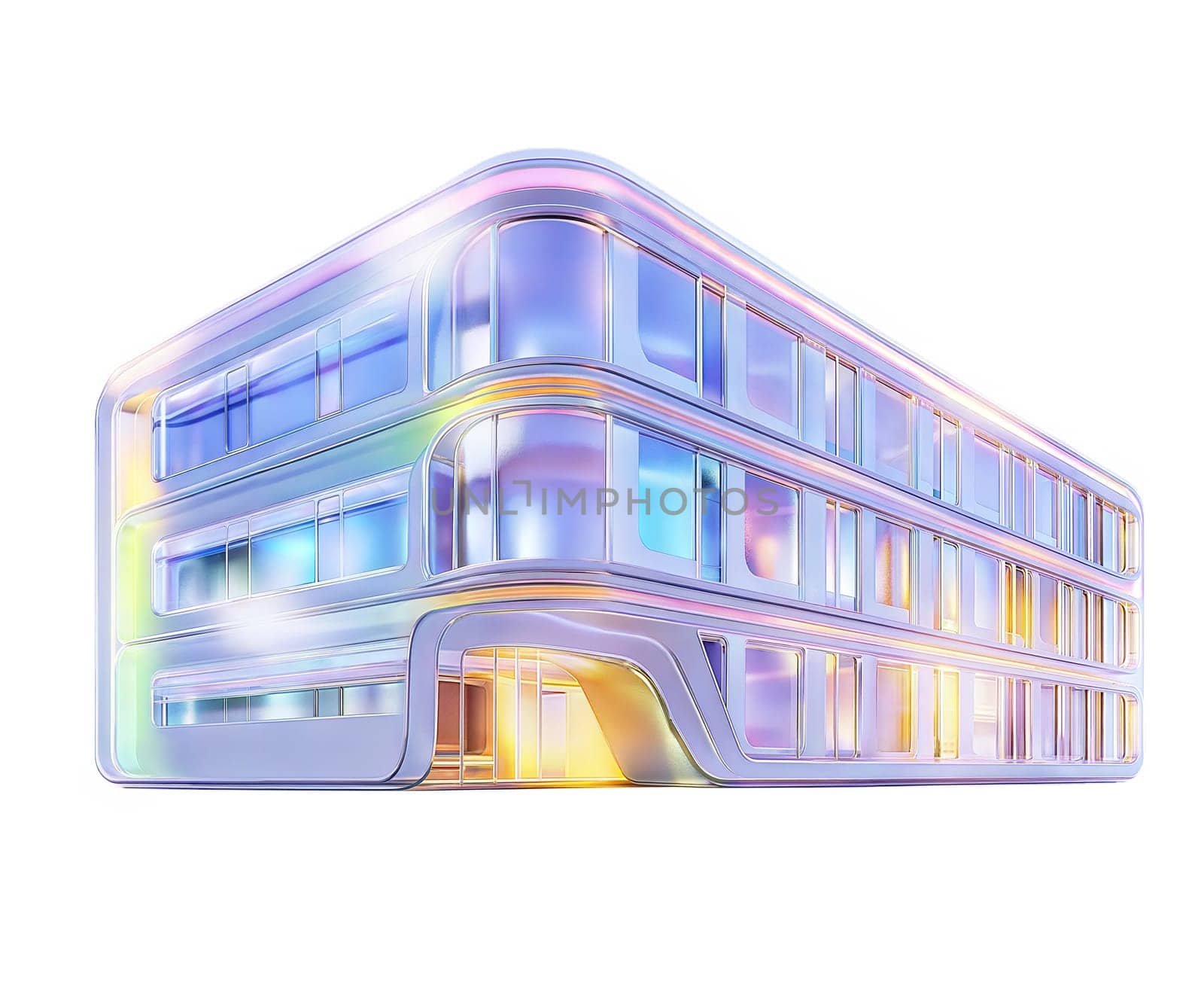 Futuristic glossy building with iridescent glass facade, isolated on white background. Modern architecture, sci-fi structure, innovative cityscape, cyberpunk, luxury design, high-tech office