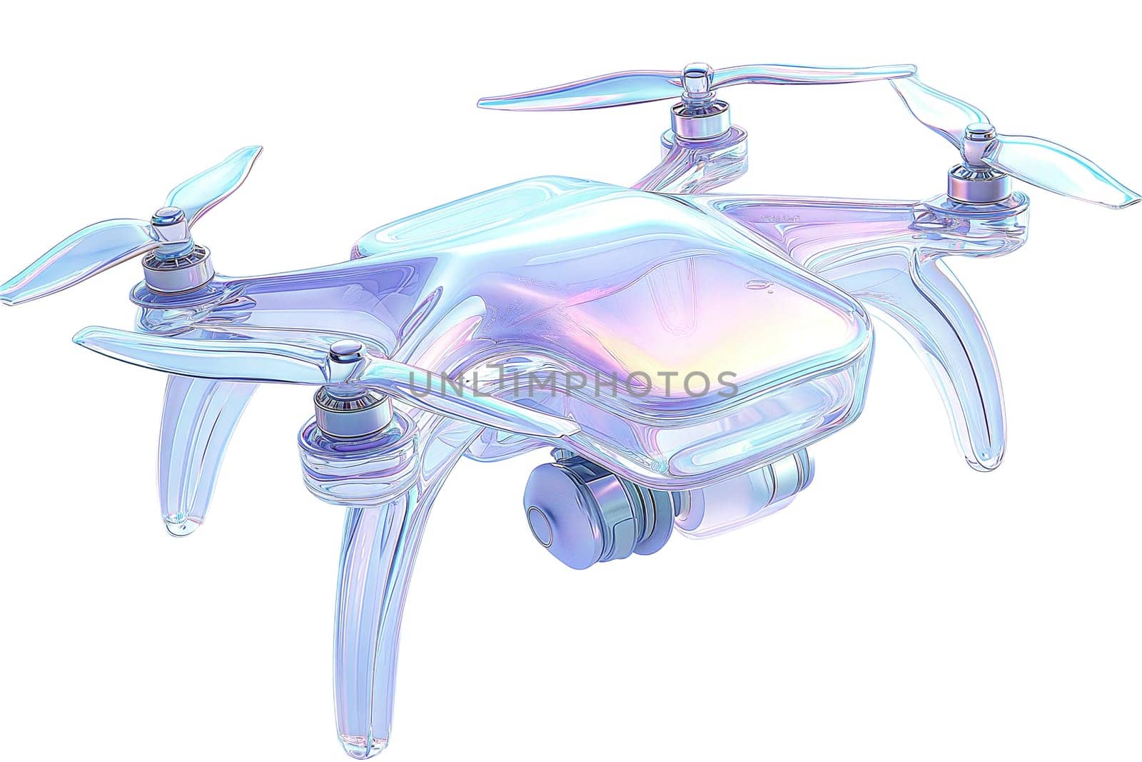 Futuristic holographic drone with a sleek iridescent body and transparent propellers, featuring high-tech cameras and a modern aesthetic, isolated on white background