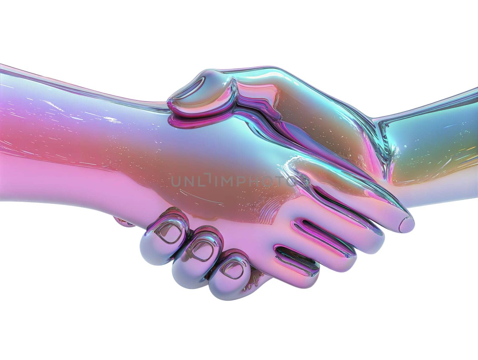 Futuristic holographic handshake with iridescent reflective surface, symbol of partnership, agreement, and collaboration, isolated on white background.