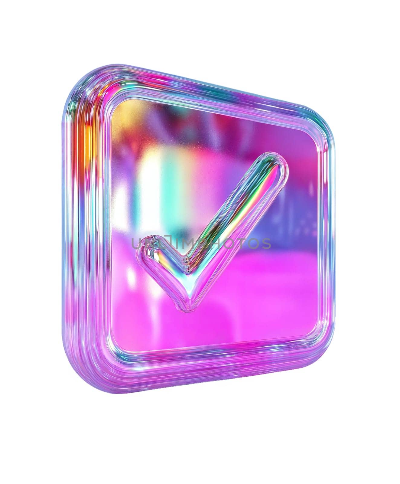 Futuristic glossy checkmark icon with iridescent colors, isolated on white background. Shiny verification symbol, success, approval, digital UI, technology, cyberpunk aesthetic