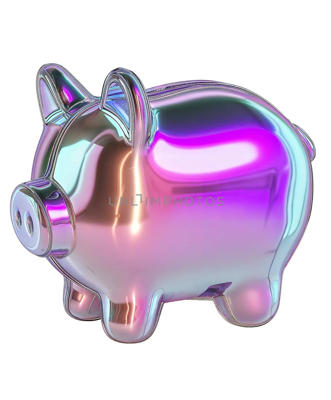 Futuristic holographic piggy bank with iridescent reflective surface, symbol of saving, finance, and investment, isolated on white background.
