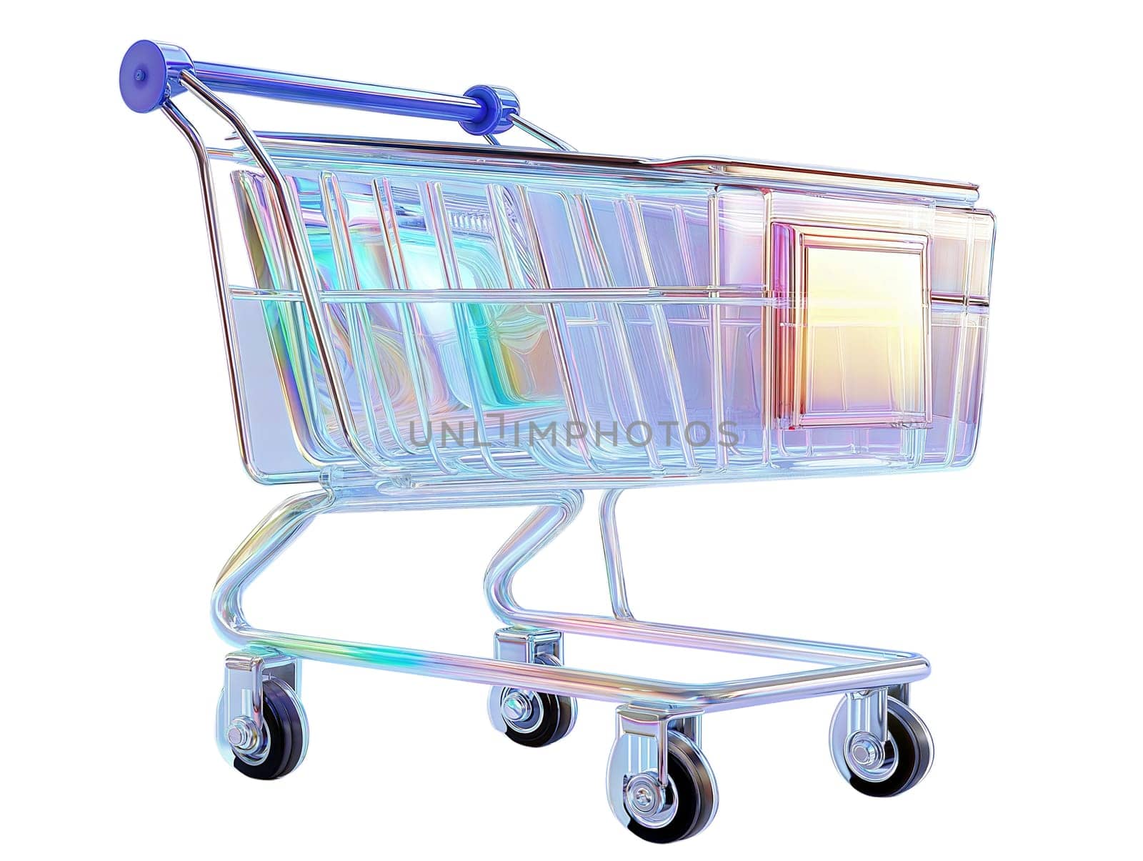 Futuristic shopping cart isolated on white background. Glossy, iridescent supermarket trolley for modern retail, e-commerce, and digital shopping experiences with a high-tech aesthetic.