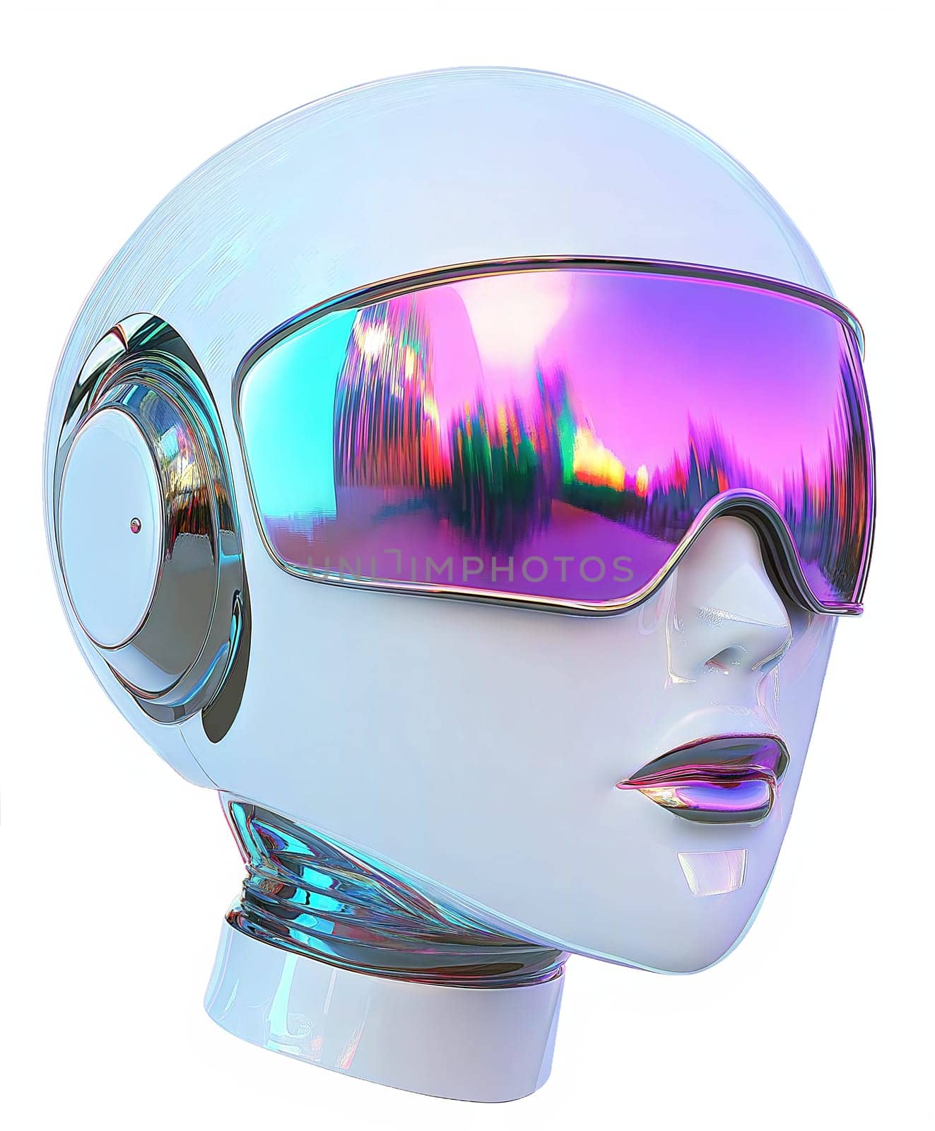 Futuristic humanoid robot head with iridescent visor isolated on white background. High-tech AI cyborg face, glossy reflective surface, cyberpunk aesthetics