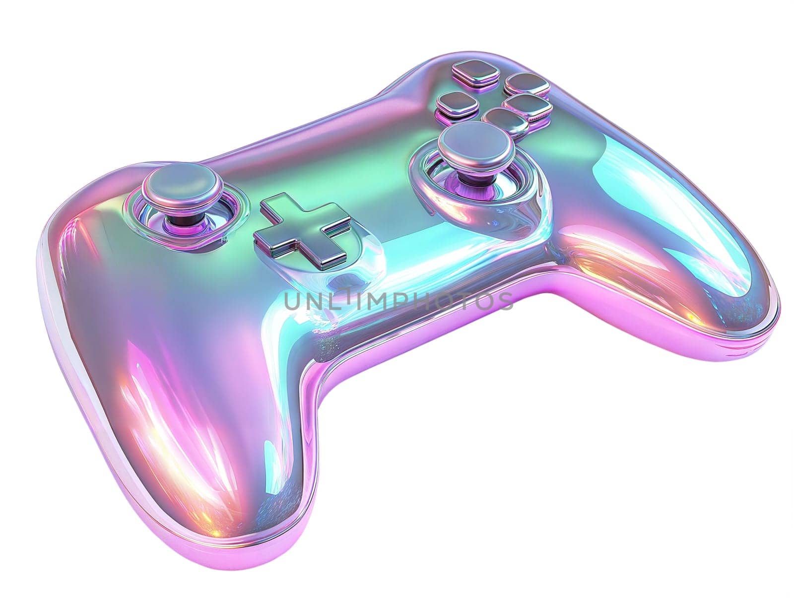 Futuristic iridescent gaming controller isolated on white background. Modern glossy gamepad, holographic joystick, cyberpunk, esports accessory, next-gen gaming concept
