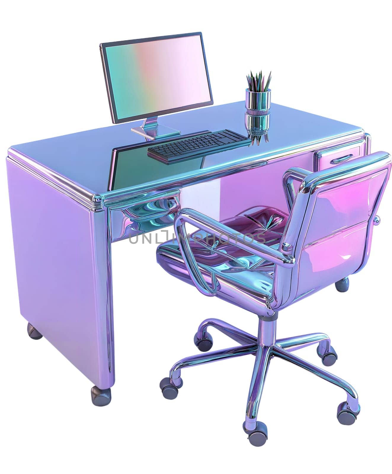 Futuristic holographic office setup with desk and chair isolated on white background. Iridescent workspace, modern digital workstation, futuristic corporate aesthetics, tech-inspired interior