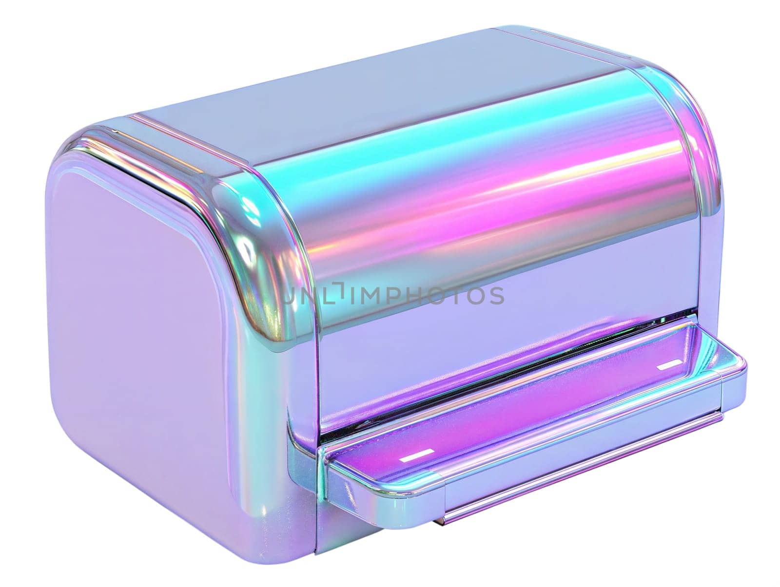 Futuristic holographic printer isolated on white background. Stylish, glossy, iridescent printing device with a modern, high-tech aesthetic.
