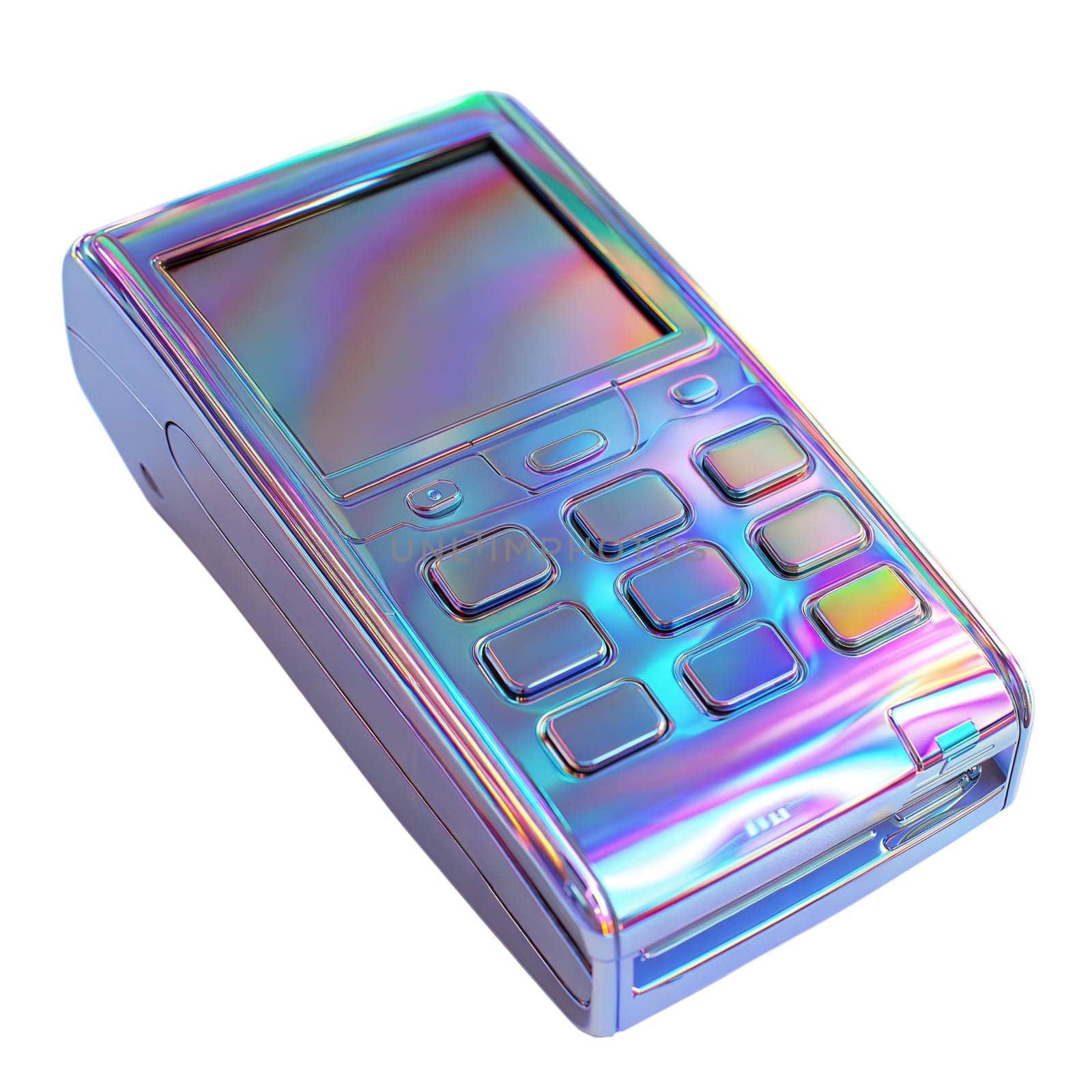 Futuristic holographic payment terminal isolated on white background. Iridescent POS device with digital keypad and rainbow screen for transactions