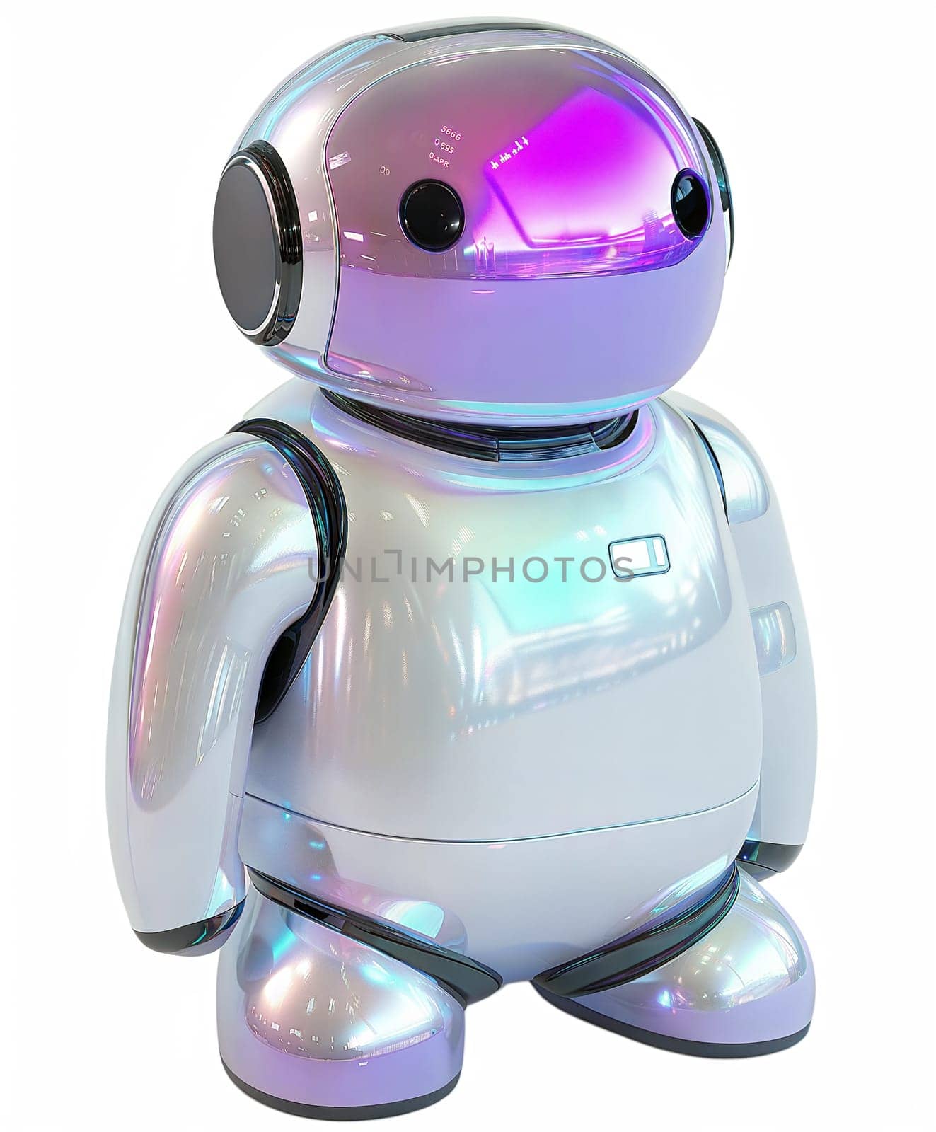 Futuristic cute AI robot isolated on white background. Glossy humanoid assistant, cybernetic innovation, high-tech smart companion