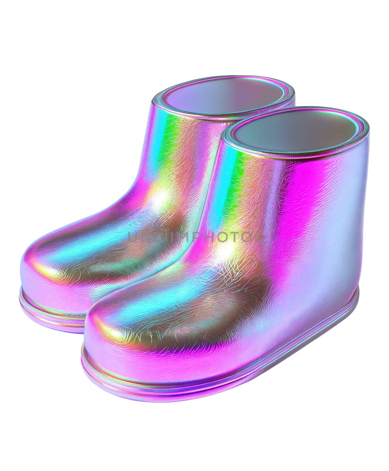 Stylish holographic rain boots with iridescent reflective surface, futuristic and trendy footwear, isolated on white background.