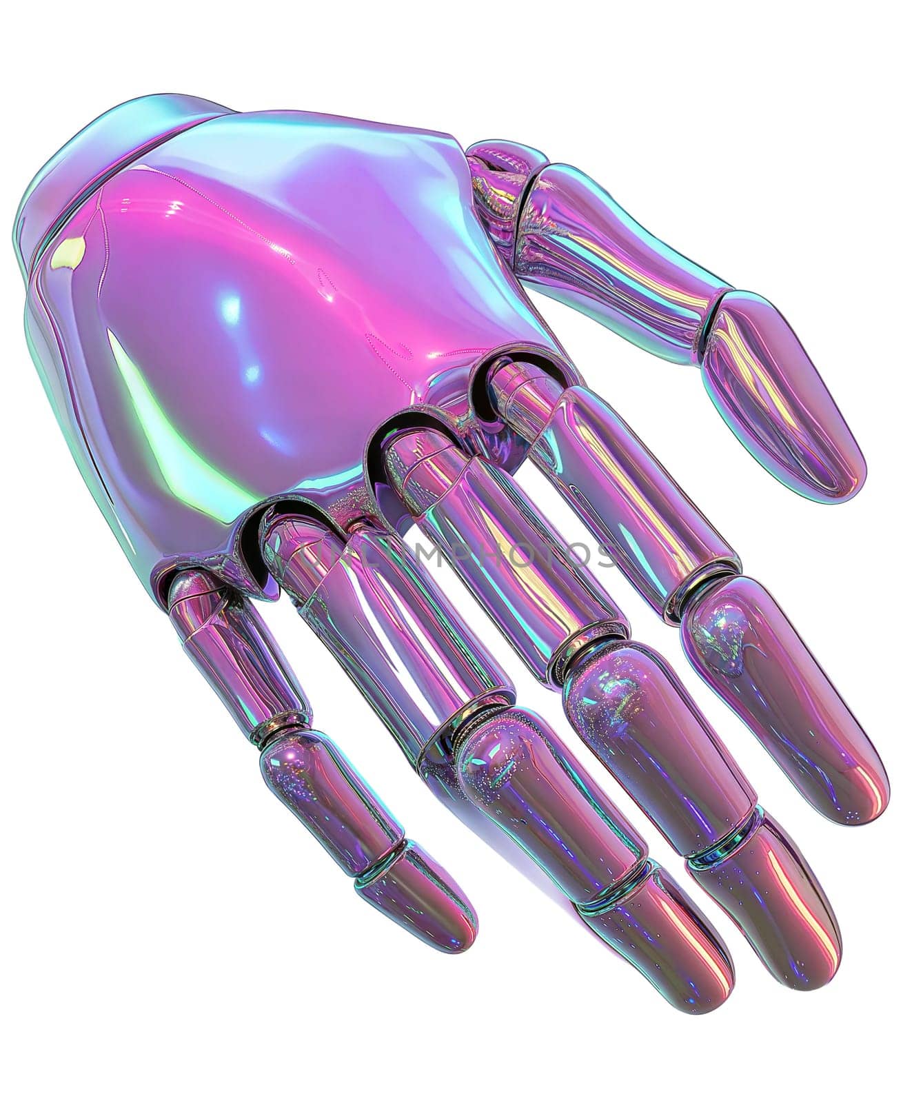 Futuristic holographic robotic hand with iridescent reflective surface, modern artificial intelligence and cybernetic technology concept, isolated on white background.