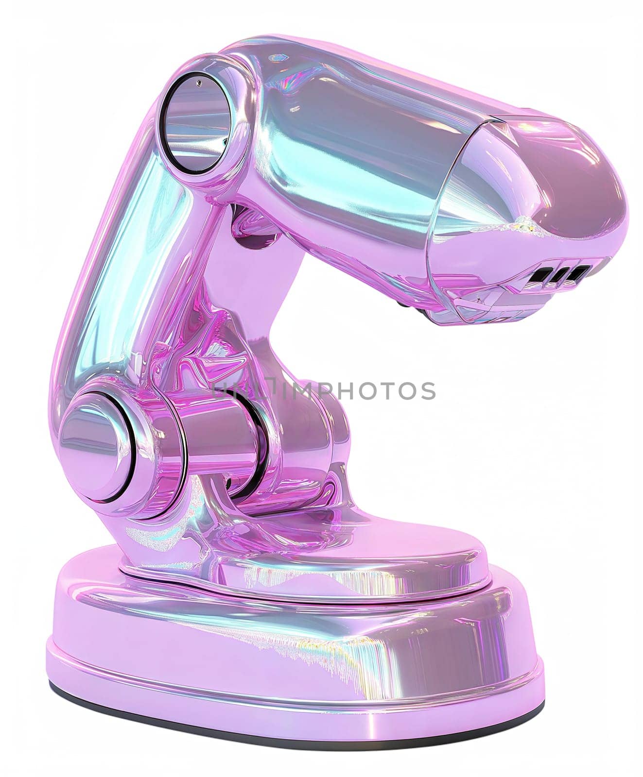 Futuristic holographic robotic arm with iridescent reflective surface, advanced AI technology and automation concept, isolated on white background.