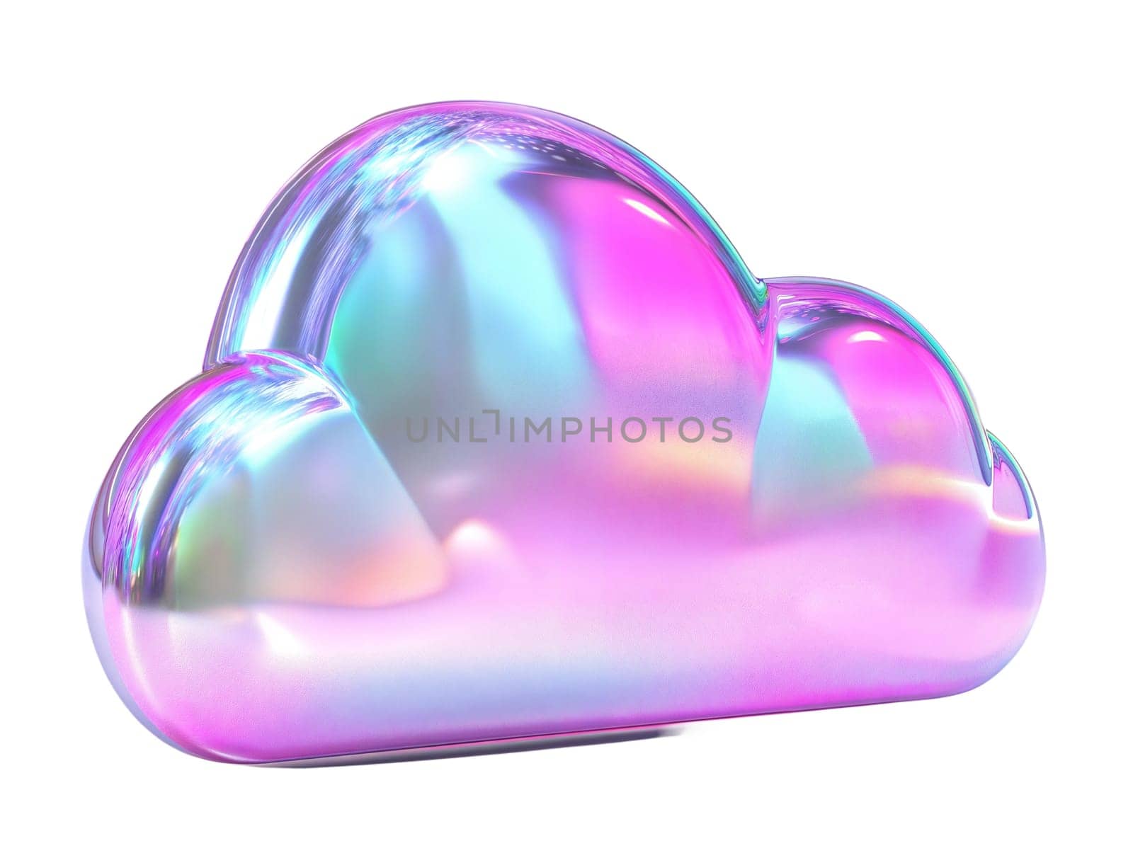 Futuristic holographic cloud with iridescent reflective surface, modern digital technology and cloud computing concept, isolated on white background.