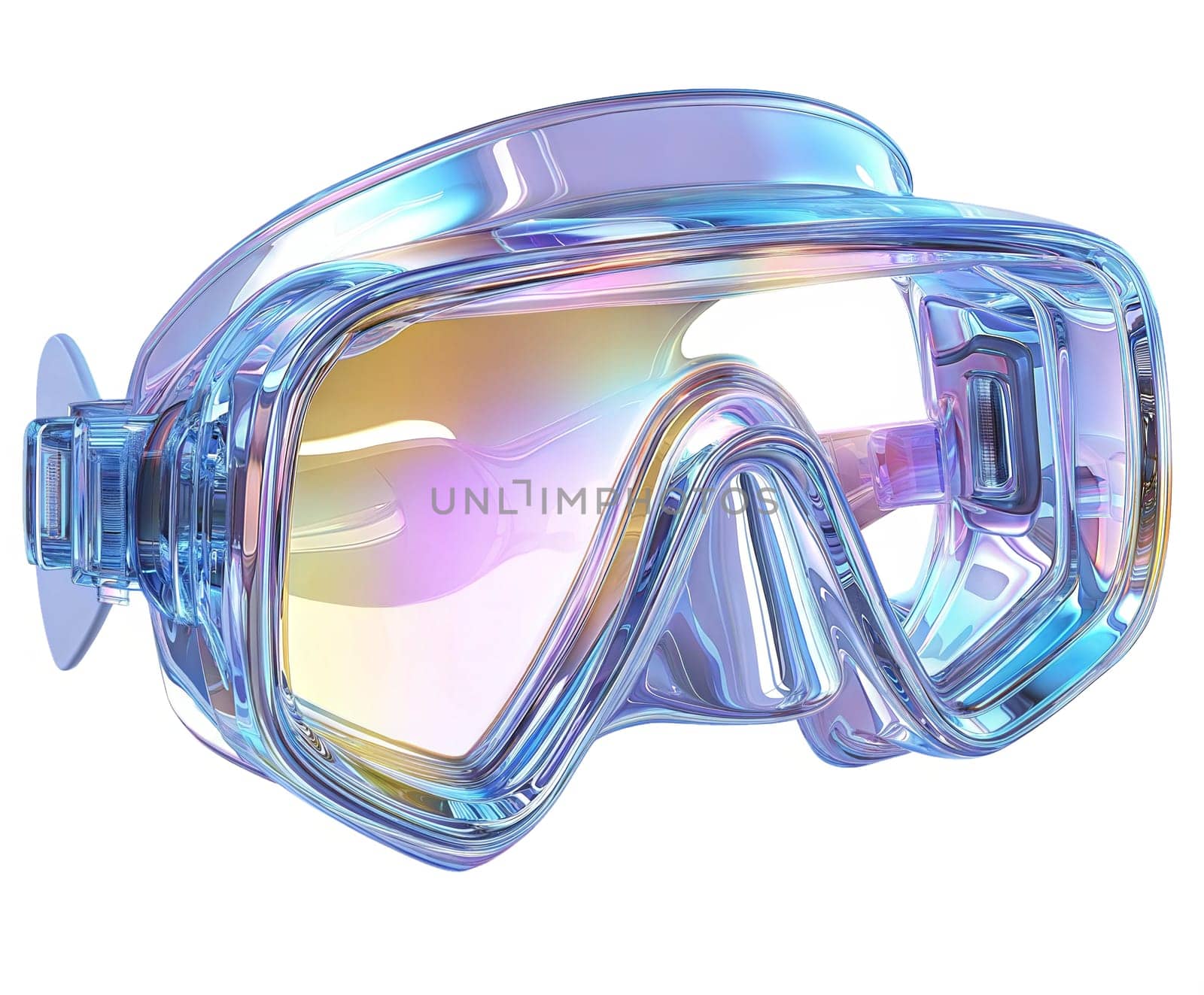 Futuristic holographic diving goggles with iridescent reflective surface, modern underwater and sports accessory, isolated on white background.