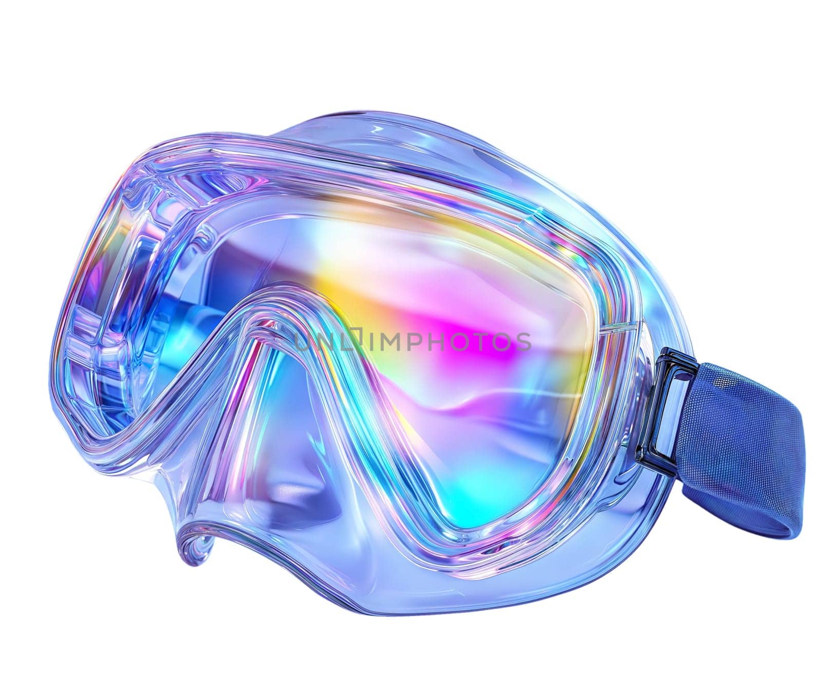 Futuristic holographic diving goggles with iridescent reflective surface, modern underwater and sports accessory, isolated on white background.