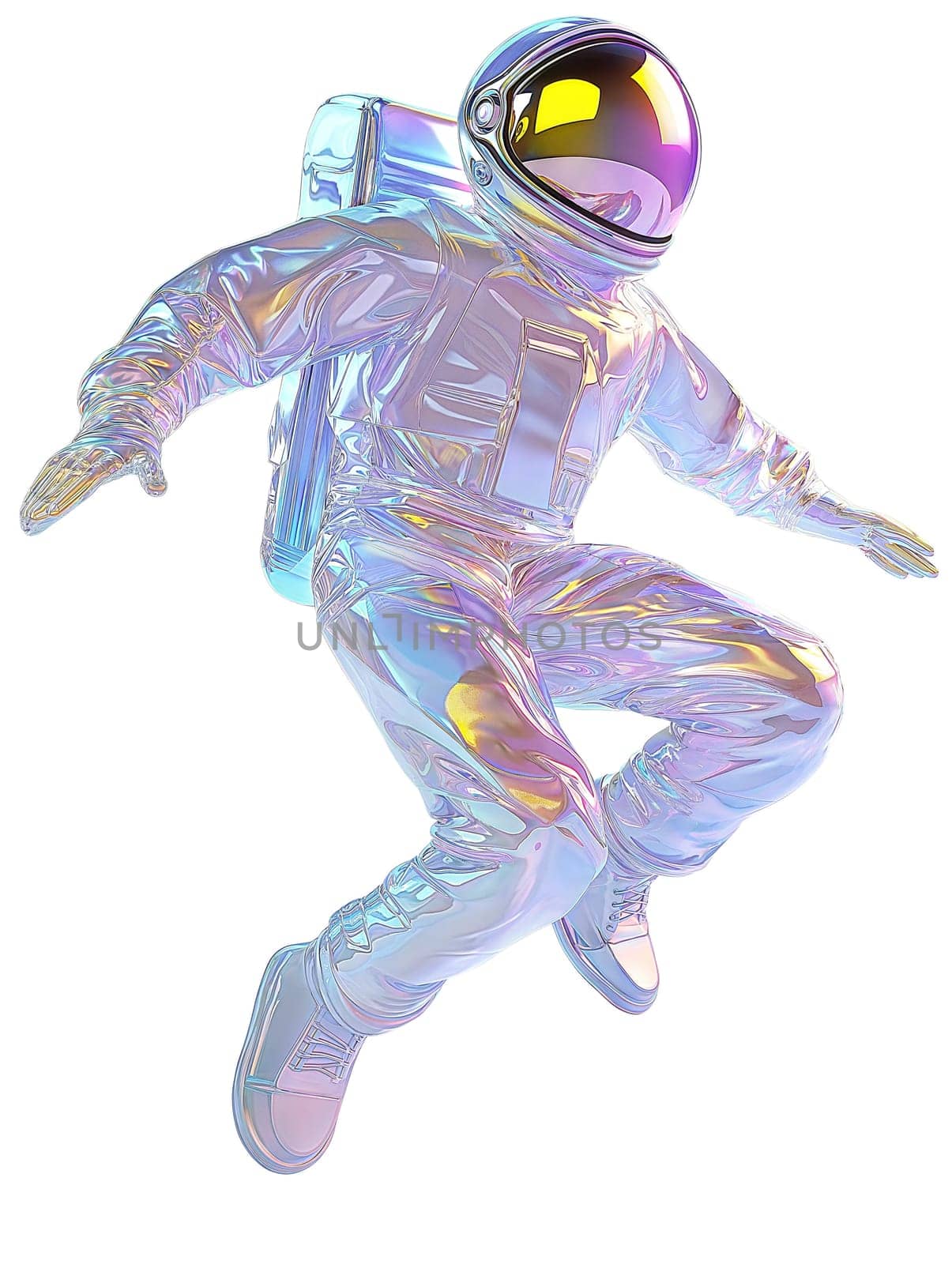 Futuristic holographic astronaut with iridescent reflective space suit, floating in zero gravity, sci-fi and space exploration concept, isolated on white background.