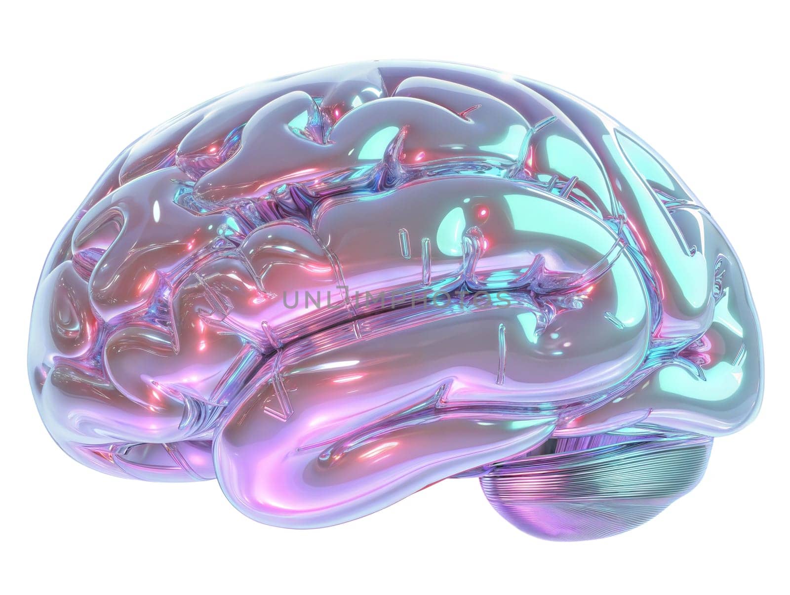 Futuristic holographic brain with iridescent reflective surface, symbolizing artificial intelligence, neuroscience, and digital thinking, isolated on white background.